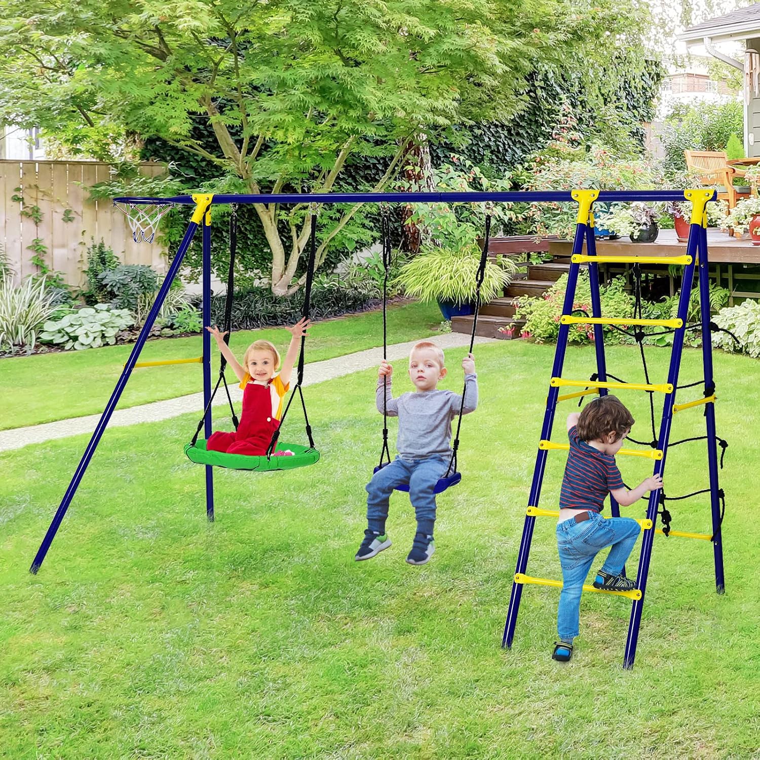 GLACER Swing Sets for Backyard, 550Lbs All-in-1 Large Kids Playground w/Ground Stake, Basketball Hoop & Saucer Swing, Climbing Ladder & Net, A-Shape Metal Heavy-Duty Outdoor Playgset, Boys & Girls