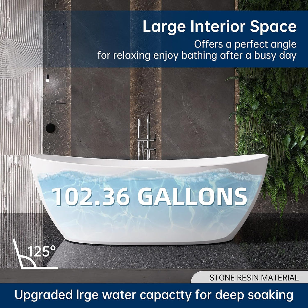 73'' Freestanding Bathtub, Stone Resin Free Standing Tub, High-Back Soaking Tub, Contemporary Design Stand Alone Tub with Pop-up Drain and Overflow, 2 Person Bathtub