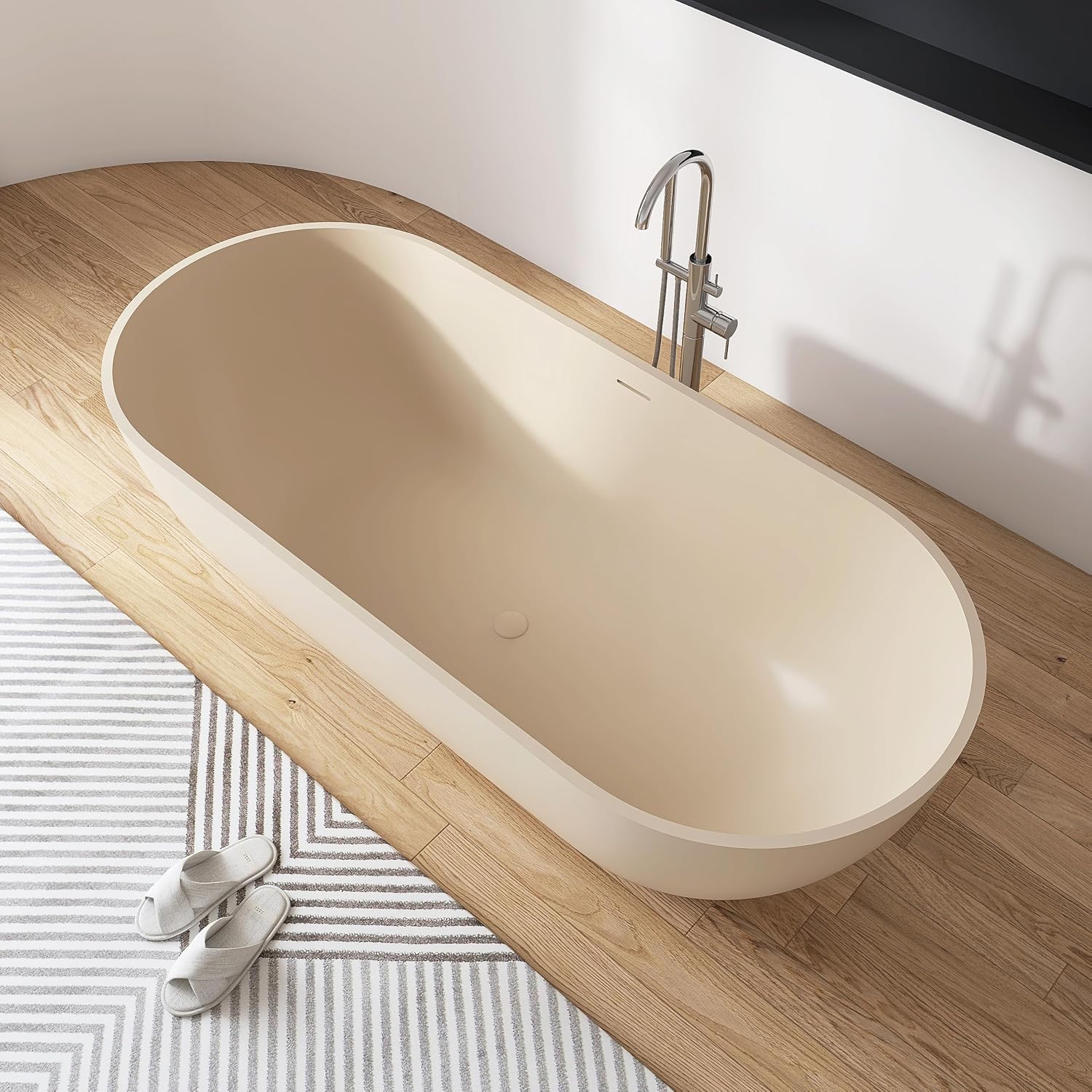 69' Freestanding Solid Surface Bathtub, Matte Cream Beige | Resin Stone, Modern Design Stand Alone Tub with Drain, Colorful Free Stand Tub