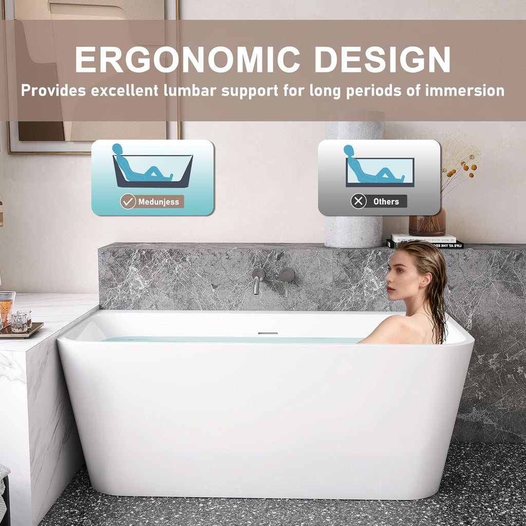 59' Acrylic Back-to-Wall Bathtub,Freestanding Bathtub, Stand Alone Tub, Soaking Tubs for Bathroom, Free Standing Tub with Integrated Overflow and Drain, cUPC Certified, Gloss White