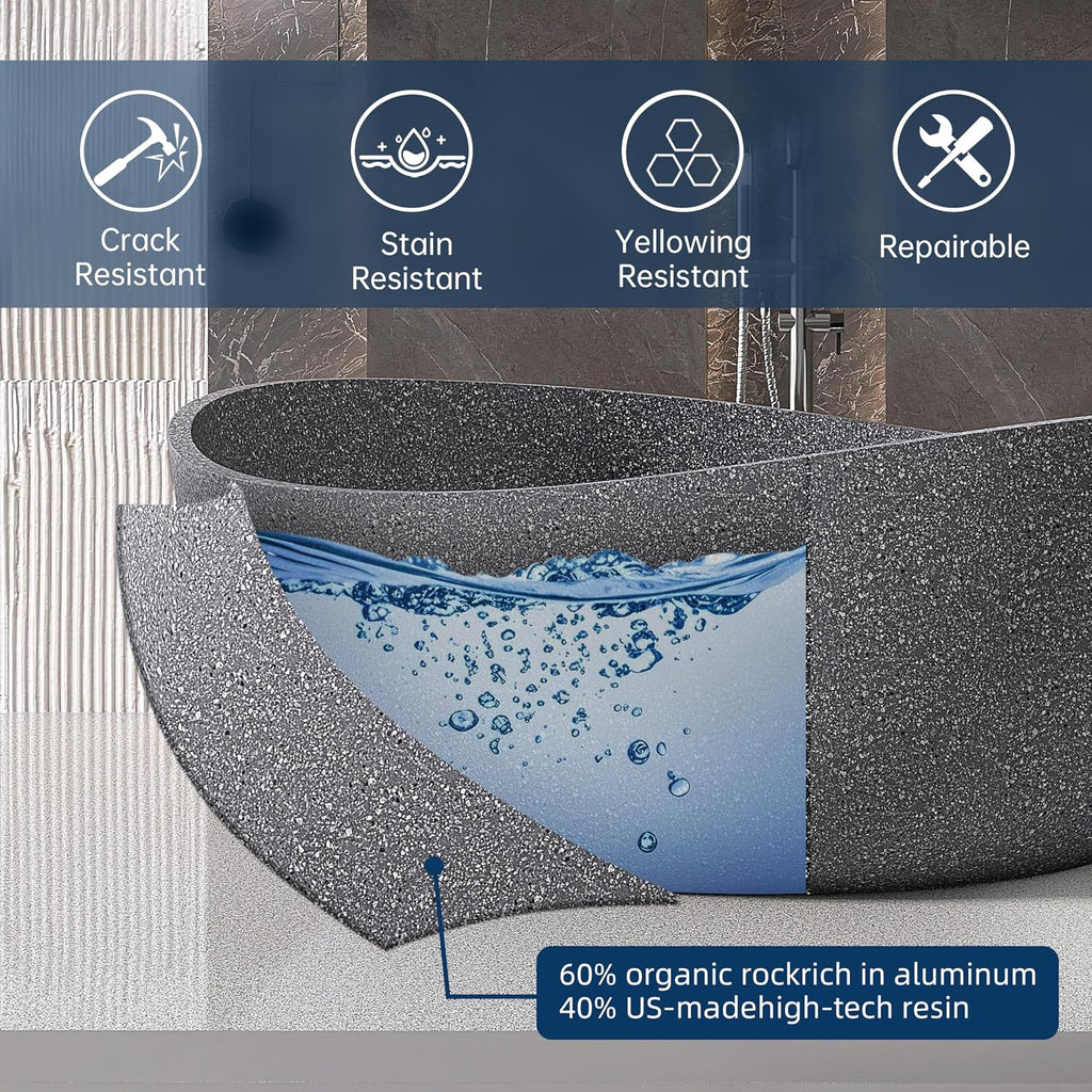 Terrazzo Freestanding Bathtub 65', Solid Surface Soaking Tub, Elegant Oval Shape Free Standing Tub, Stand Alone Bathtub with Drain & Integrated Slotted Overflow Grey AMMG010