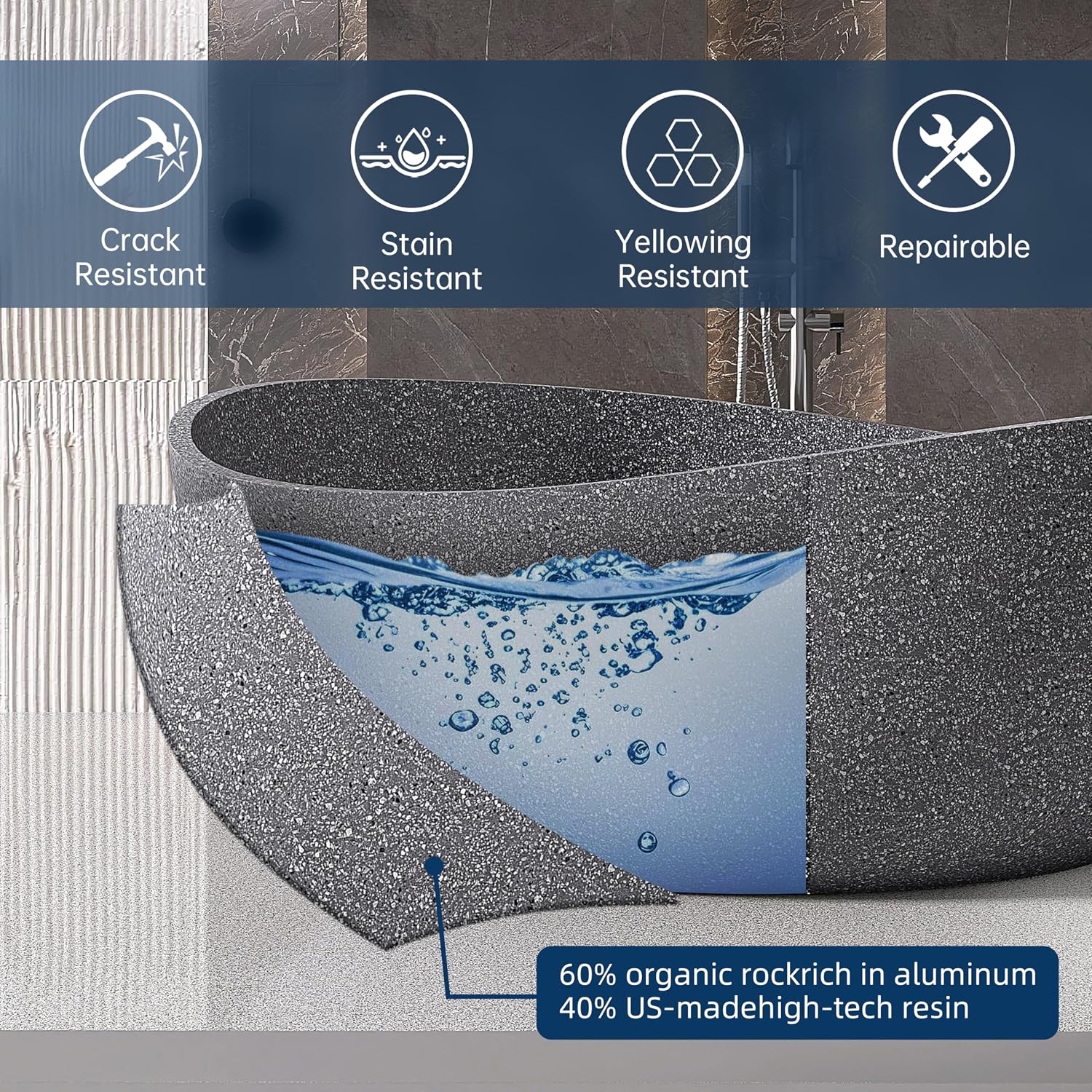 Terrazzo Freestanding Bathtub 65', Solid Surface Soaking Tub, Elegant Oval Shape Free Standing Tub, Stand Alone Bathtub with Drain & Integrated Slotted Overflow Grey AMMG010
