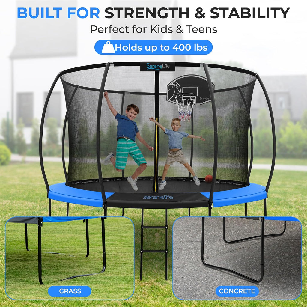 SereneLife 8FT 10FT 12FT 14FT Outdoor Trampoline for Kids - Recreational Backyard Trampoline with Curved Safety Poles and Net Enclosure- ASTM Approval for Kids Adults