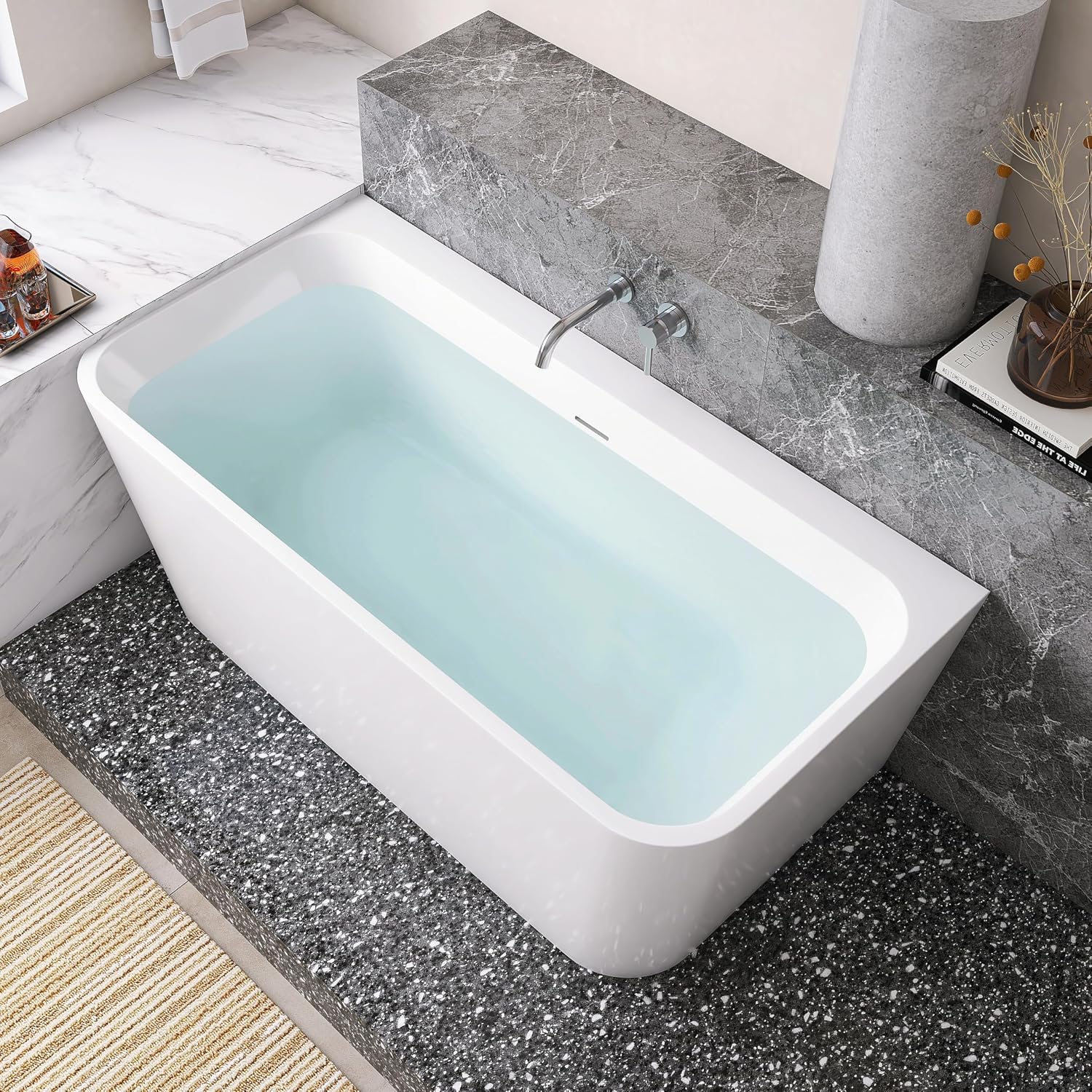59' Acrylic Back-to-Wall Bathtub,Freestanding Bathtub, Stand Alone Tub, Soaking Tubs for Bathroom, Free Standing Tub with Integrated Overflow and Drain, cUPC Certified, Gloss White