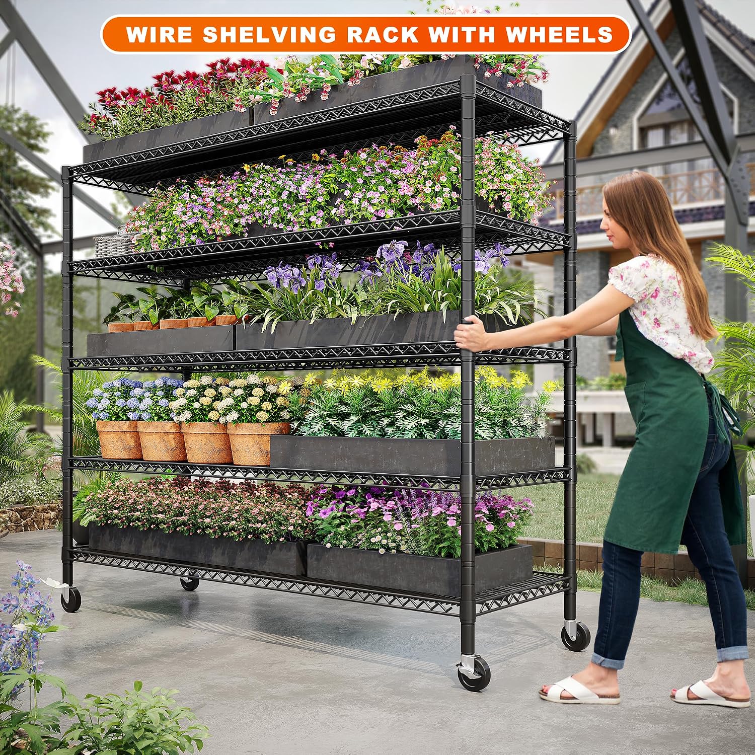 REIBII 85.7'H Garage Shelving 2998LBS Storage Shelves with Wheels&Feet,5 Tier Garage Shelves Heavy Duty Adjustable Wire Shelving for Basement Commercial Industrial Pantry, 85.7'H X 55.5'W X 24.2'D
