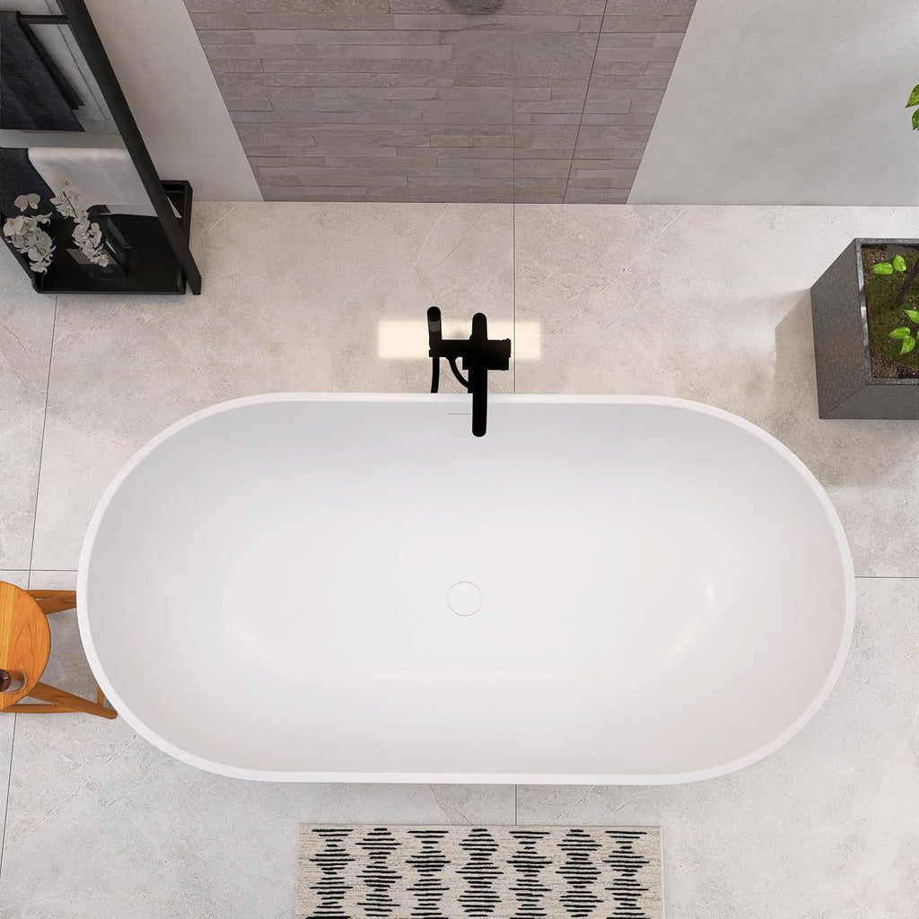 59 Inch Freestanding Bathtub Oval Shaped Solid Surface Resin Stone soaker Freestanding Tubs Matte White Soaking Tub with Overflow and Pop-up Drain (white)307-1500