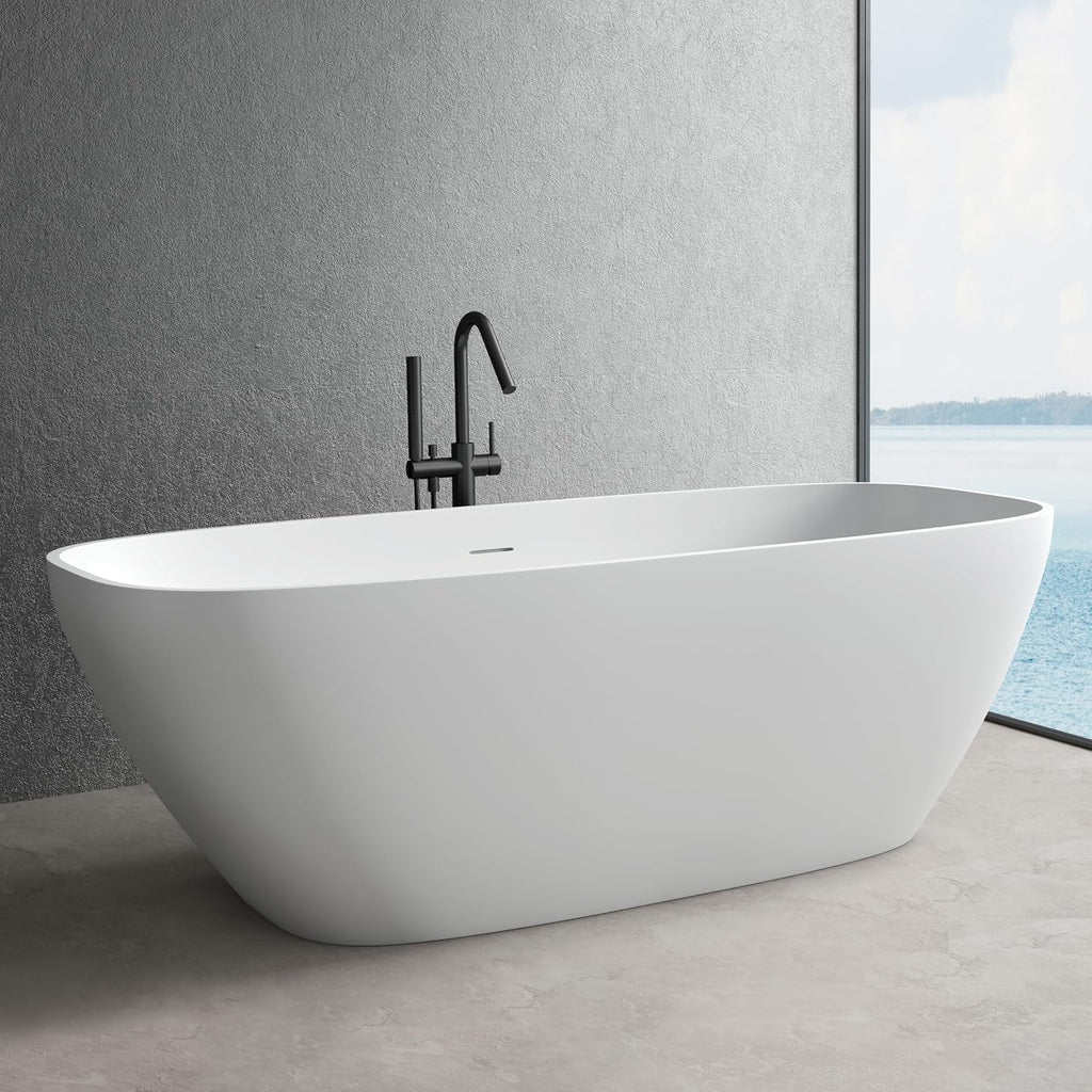 67'' Solid Surface Freestanding Bathtub, Stone Resin Free Standing Tub, Soaking Tub with Overflow and Pop-up Drain, 2 Person Bathtub, White