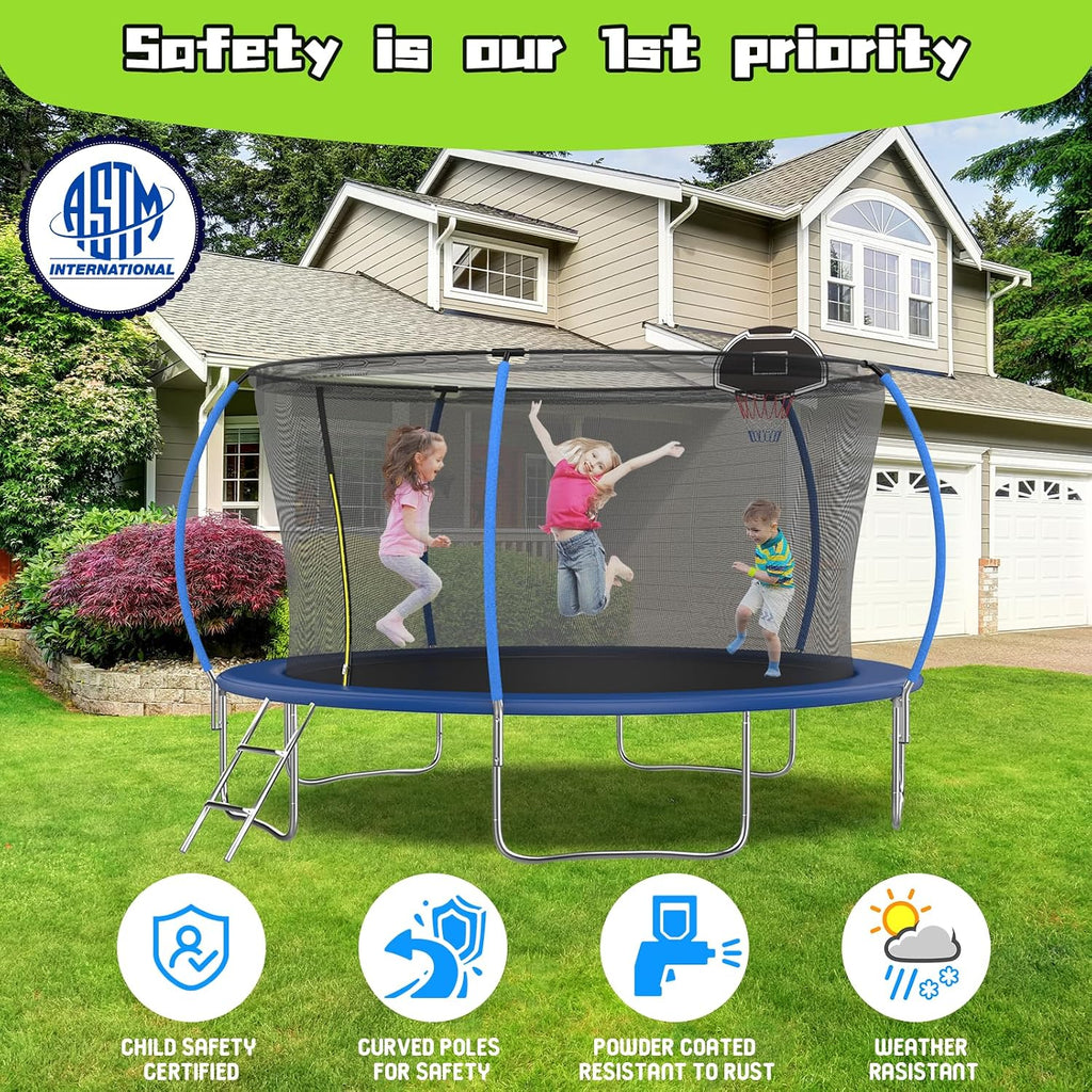Tranpoline 10FT 12FT 14FT 16FT Tranpoline for Kids with Safety Enclosure Net Recreational Tranpoline for Adults ASTM Approval Backyard Outdoor Tranpoline with Basketball Hoop