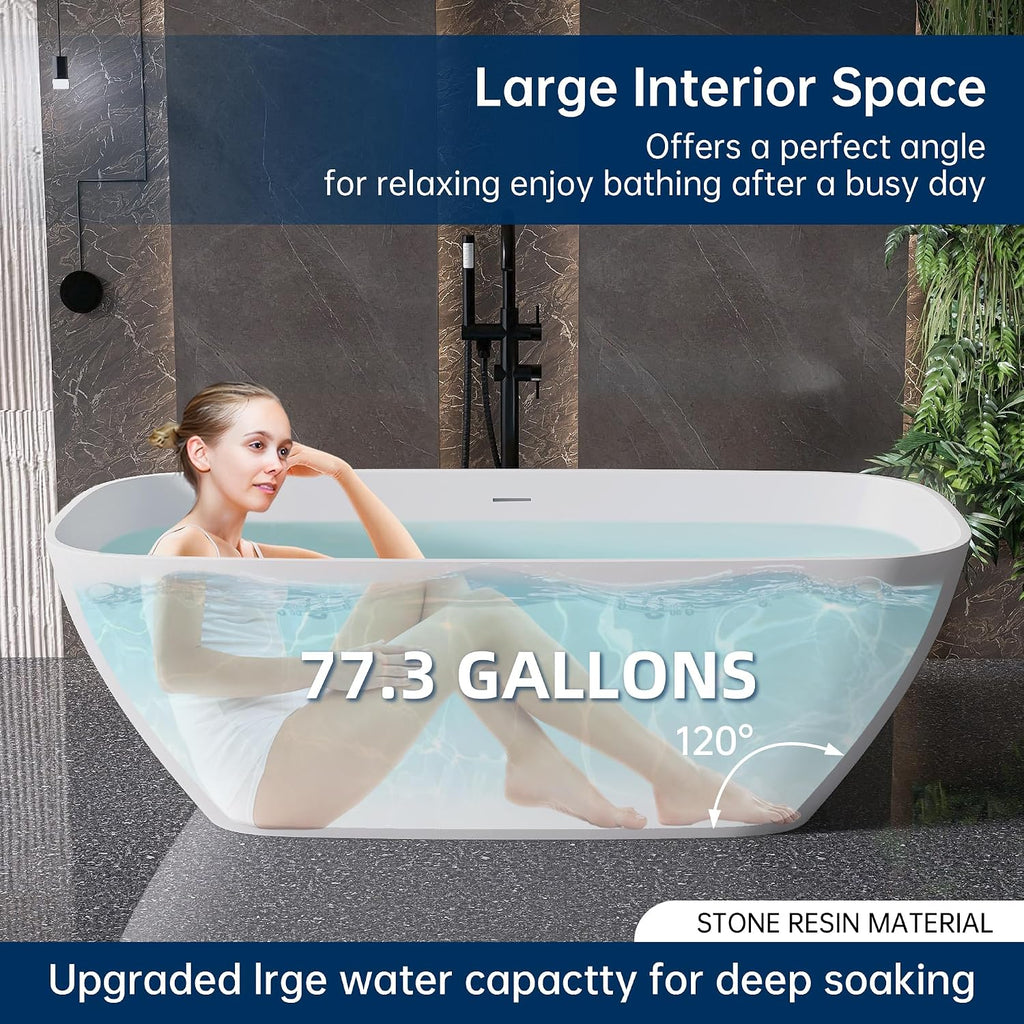 59'' Freestanding Bathtub Resin Stone Deep Soaking Tubs Solid Surface Matte Tub with Overflow and Pop-up Drain