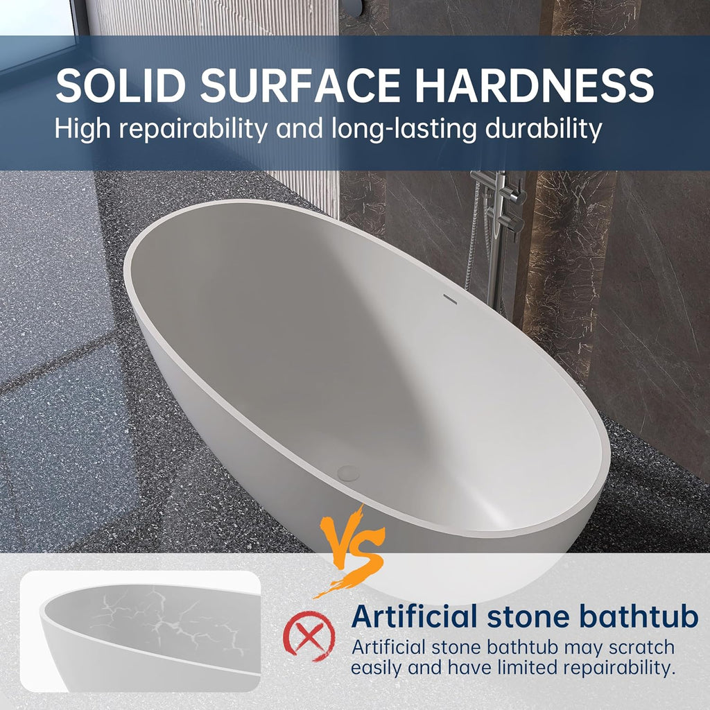 61'' Resin Stone Freestanding Bathtub, Oval Soaking Freestanding Bathtubs with Solid Surface, Soaking Tub with Overflow and Pop up Drain - Light Grey
