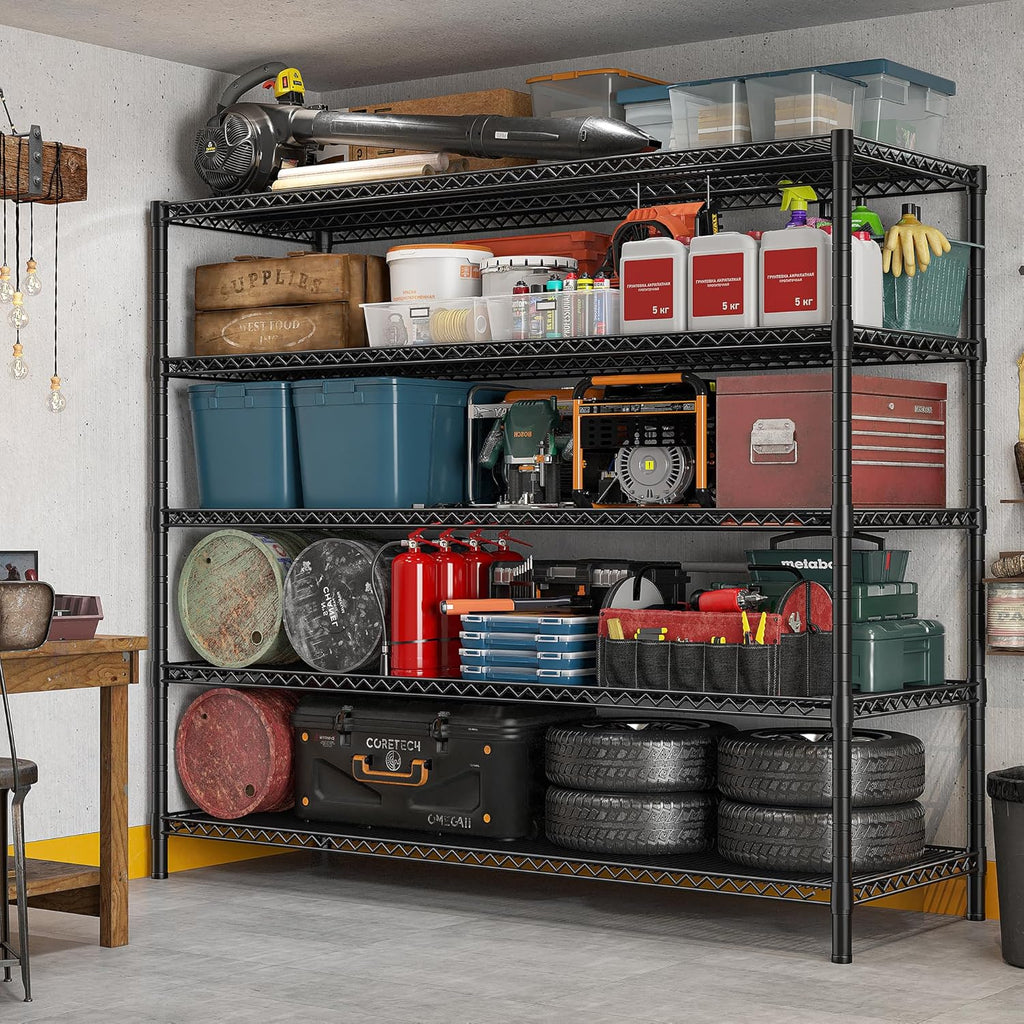 REIBII 85.7'H Garage Shelving 2998LBS Storage Shelves with Wheels&Feet,5 Tier Garage Shelves Heavy Duty Adjustable Wire Shelving for Basement Commercial Industrial Pantry, 85.7'H X 55.5'W X 24.2'D