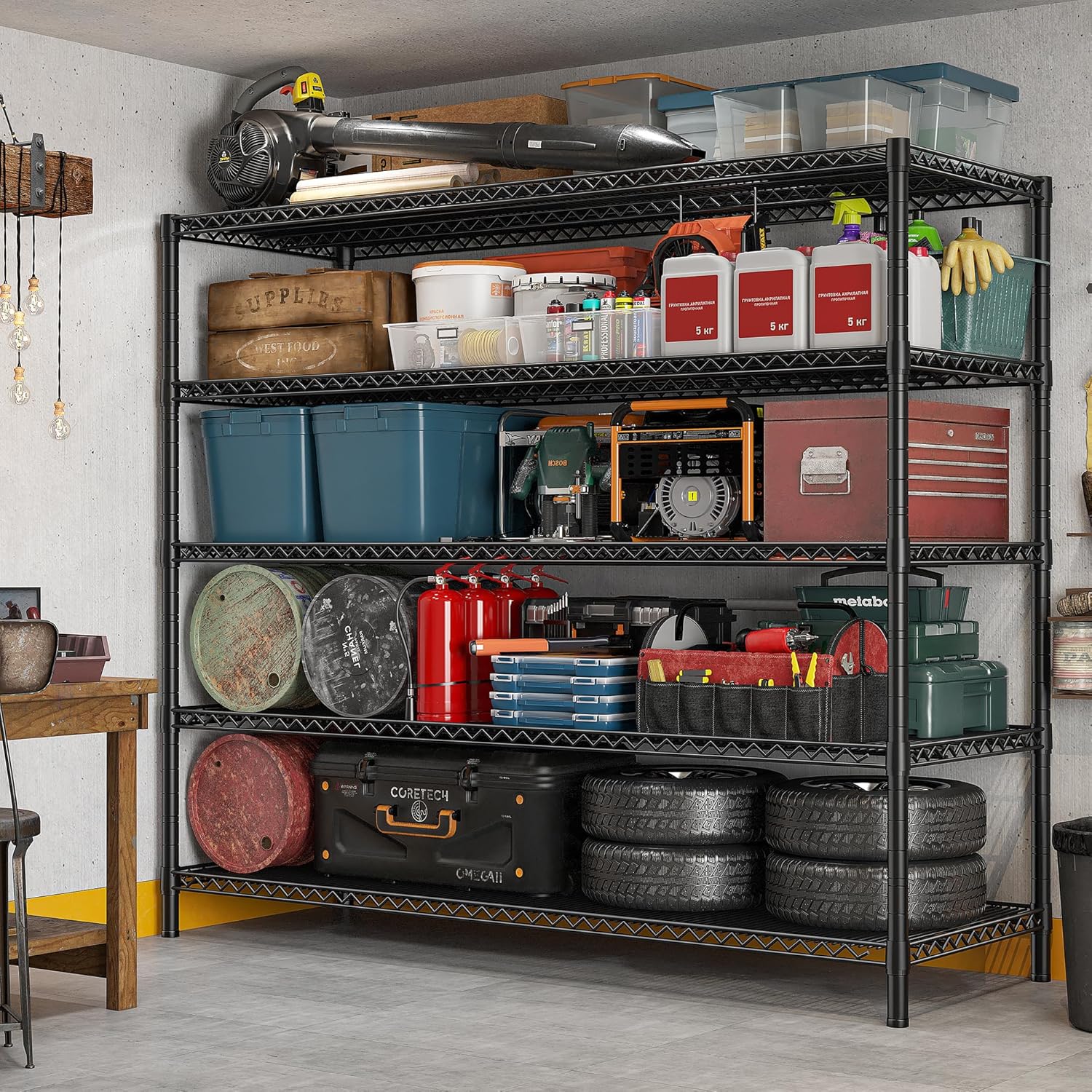 REIBII 85.7'H Garage Shelving 2998LBS Storage Shelves with Wheels&Feet,5 Tier Garage Shelves Heavy Duty Adjustable Wire Shelving for Basement Commercial Industrial Pantry, 85.7'H X 55.5'W X 24.2'D