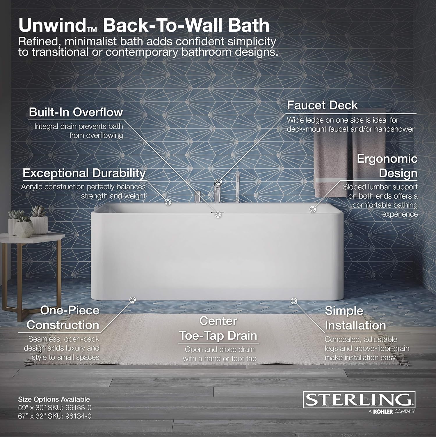 KOHLER Unwind 59-in X 30-in Seamless Back-to-wall Freestanding Bath