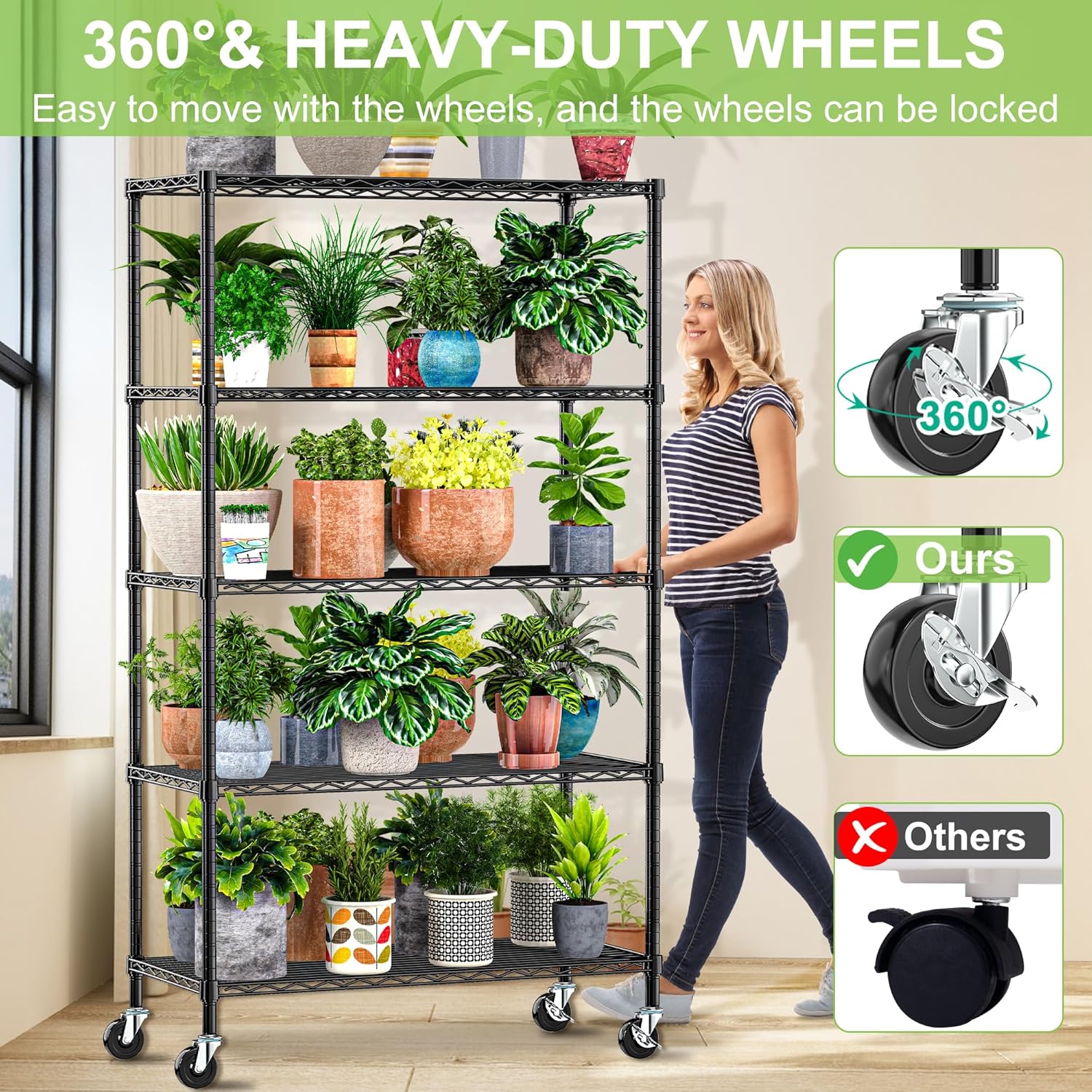 Wire Shelving with Wheels Metal Garage Storage Shelves Rack Unit 5 Tier Heavy Duty Steel Utility Rolling Shelve Adjustable Industrial Sturdy Shelving for Kitchen Garage Pantry Bathroom Laundry