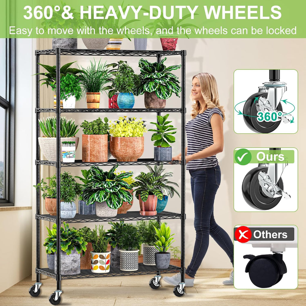 Heavy Duty Wire Metal Shelving with Wheels 6 Tier Garage Storage Utility Rolling Shelves Rack Unit Industrial Adjustable Sturdy Shelving for Kitchen Garage Pantry Bathroom Laundry