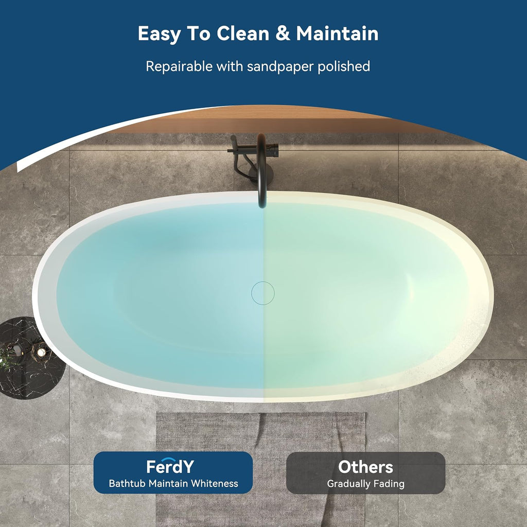 FerdY Goa 67' Resin Stone Freestanding Bathtub, Elegant Oval Freestanding Bathtub, Solid Surface Bathtub, Matte White, cUPC Certified, Minimalist Linear Design Overflow and Pop-Up Drain Pipe
