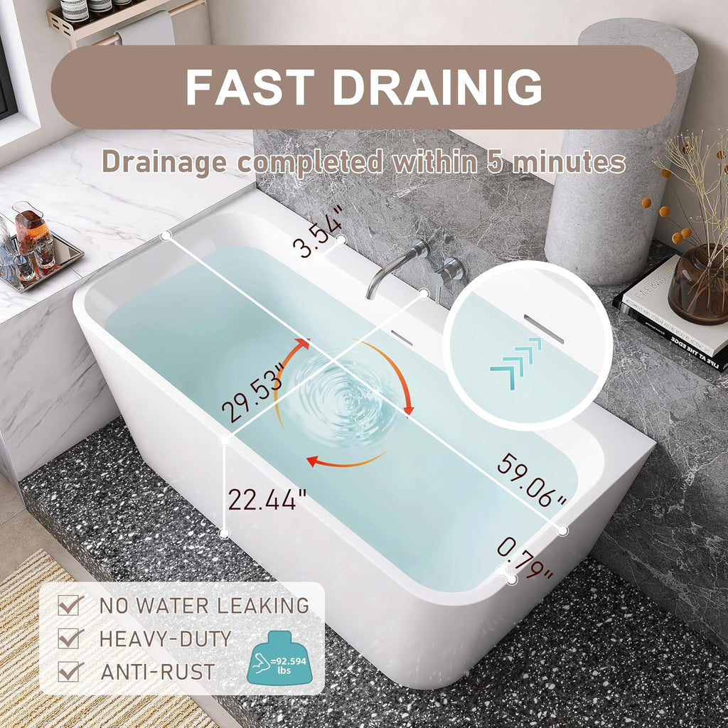 59' Acrylic Back-to-Wall Bathtub,Freestanding Bathtub, Stand Alone Tub, Soaking Tubs for Bathroom, Free Standing Tub with Integrated Overflow and Drain, cUPC Certified, Gloss White