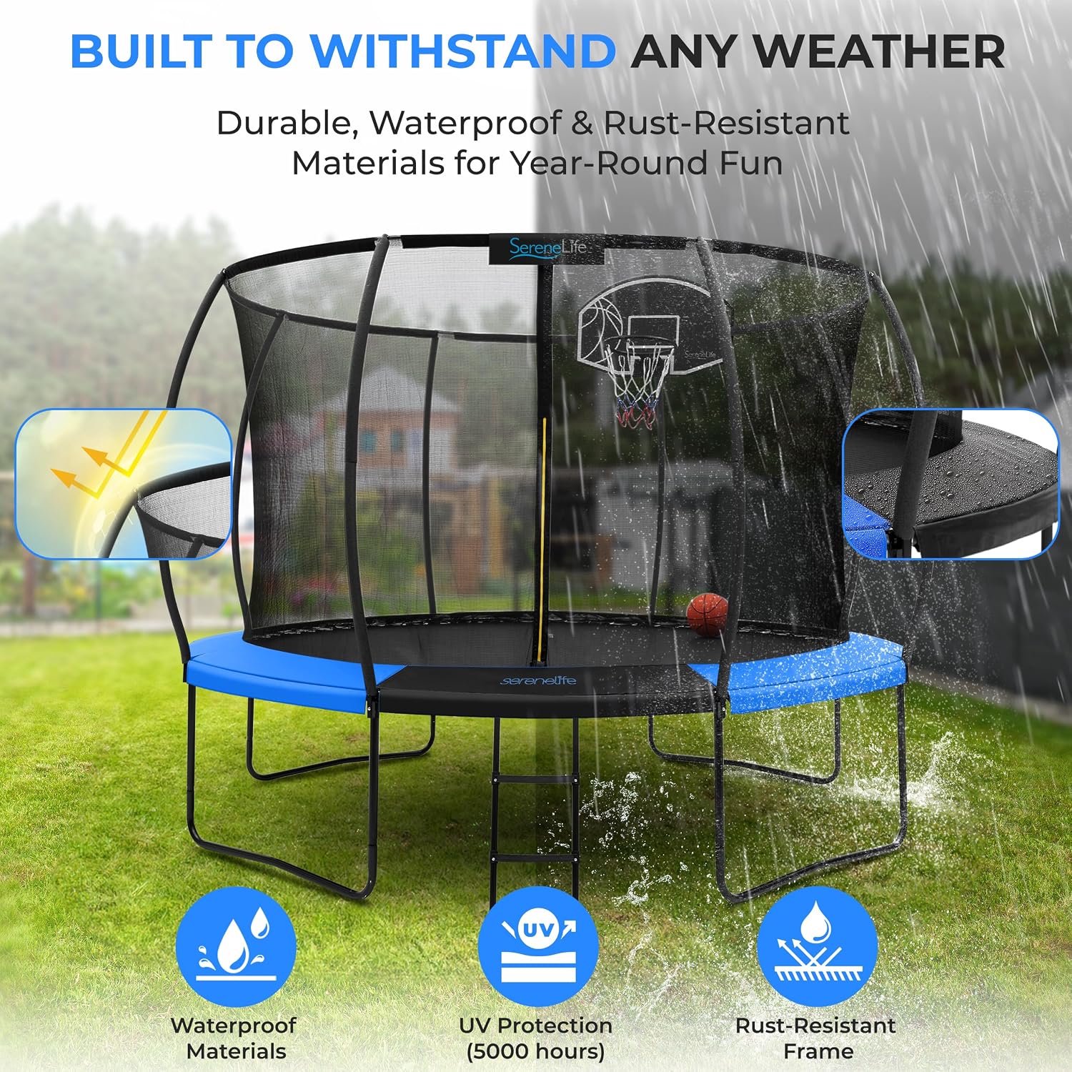 SereneLife 8FT 10FT 12FT 14FT Outdoor Trampoline for Kids - Recreational Backyard Trampoline with Curved Safety Poles and Net Enclosure- ASTM Approval for Kids Adults
