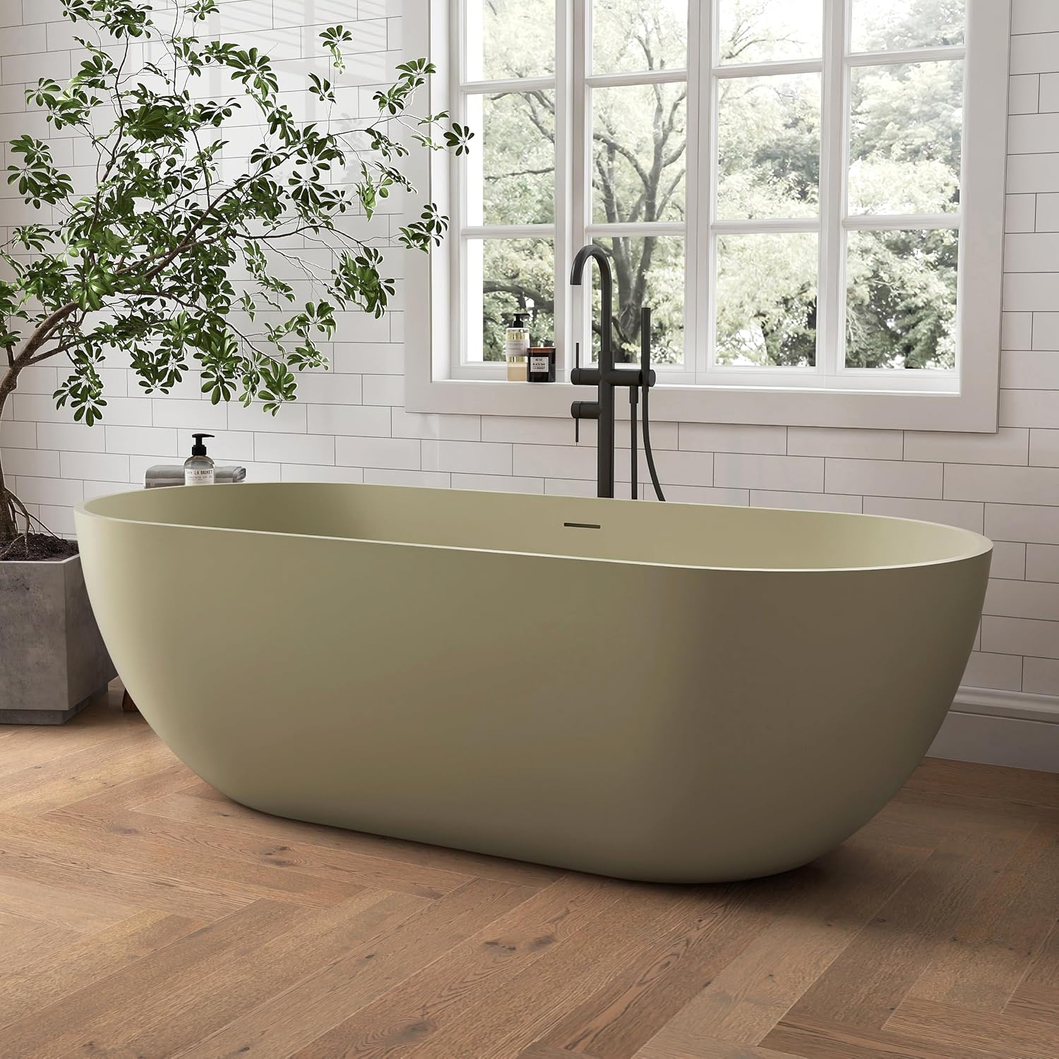 69' Freestanding Solid Surface Bathtub, Matte Olive Green | Resin Stone, Modern Design Stand Alone Tub with Drain, Colorful Free Stand Tub