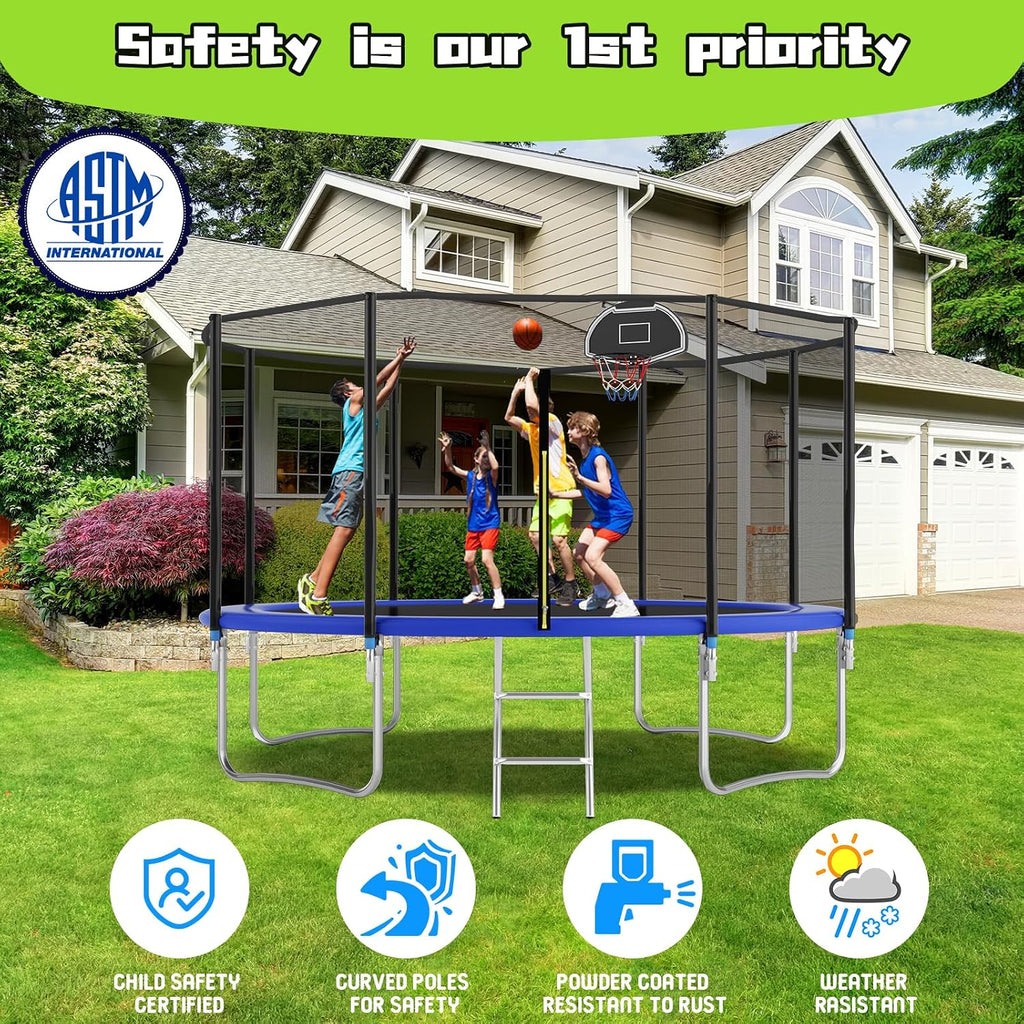 Tranpoline 10FT 12FT 14FT 16FT Tranpoline for Kids with Safety Enclosure Net Recreational Tranpoline for Adults ASTM Approval Backyard Outdoor Tranpoline with Basketball Hoop