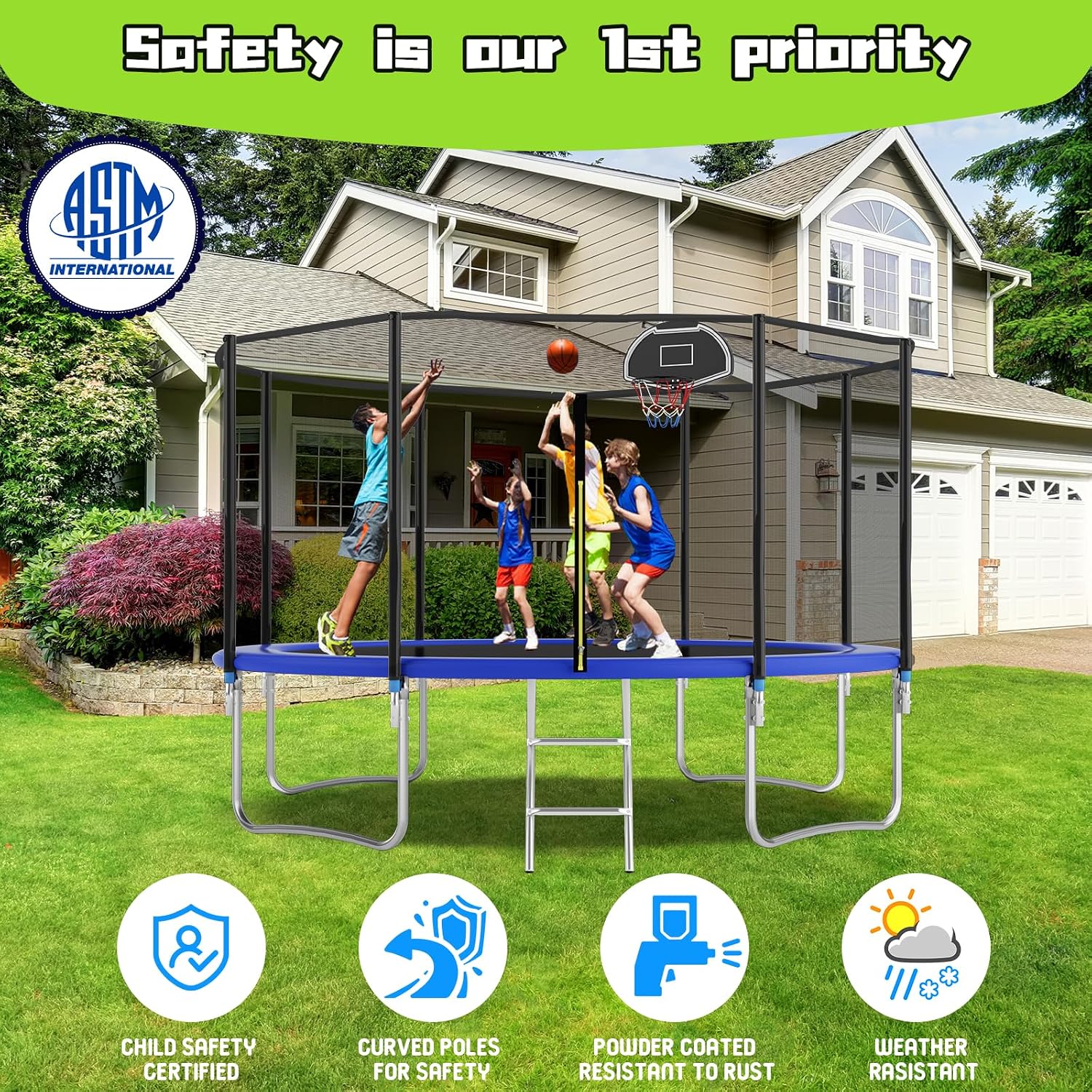 Tranpoline 10FT 12FT 14FT 16FT Tranpoline for Kids with Safety Enclosure Net Recreational Tranpoline for Adults ASTM Approval Backyard Outdoor Tranpoline with Basketball Hoop