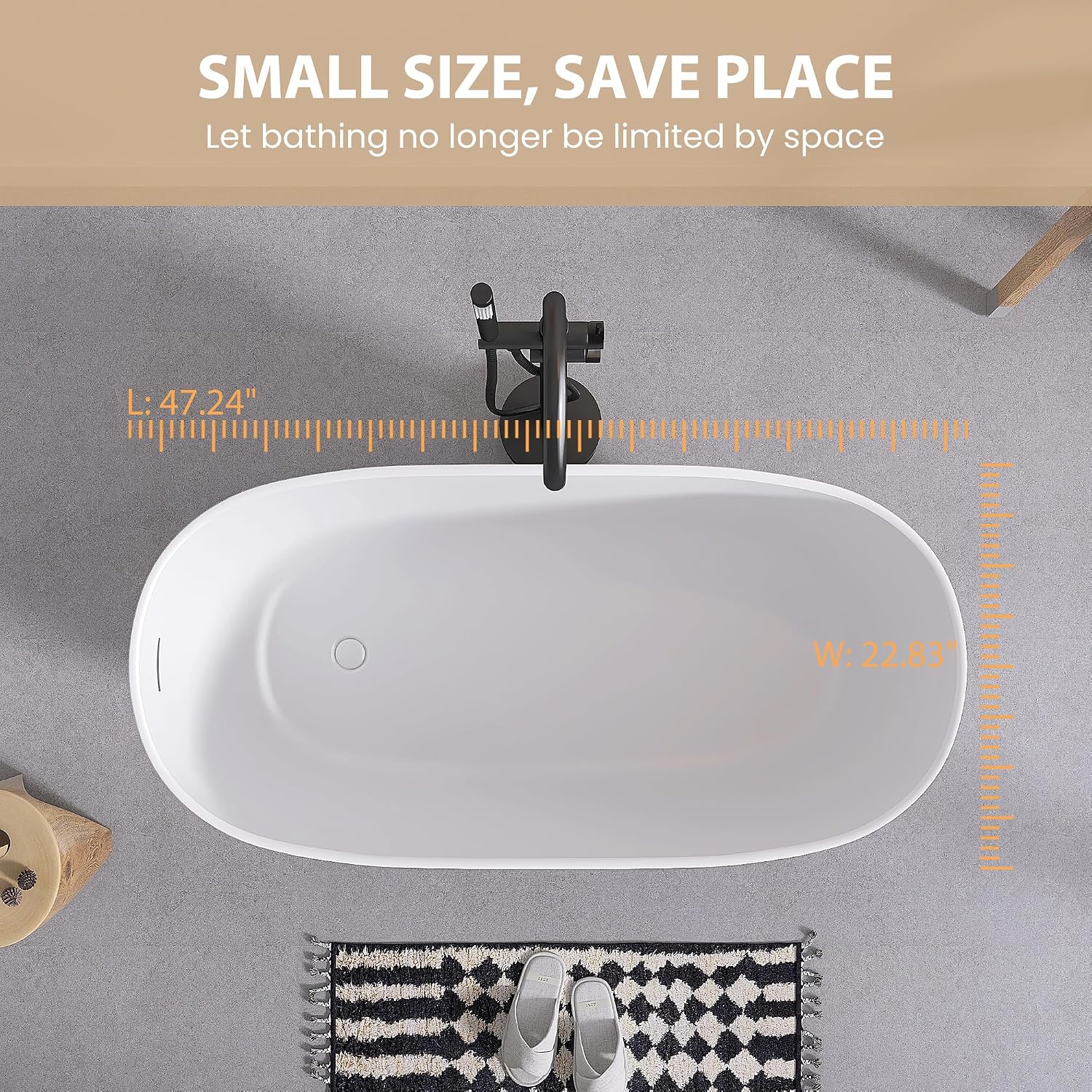SJ STAR&JANE 47' Solid Surface Freestanding Bathtub Modern Stone Resin Oval Soaking Tub with Side Drain in Matte White