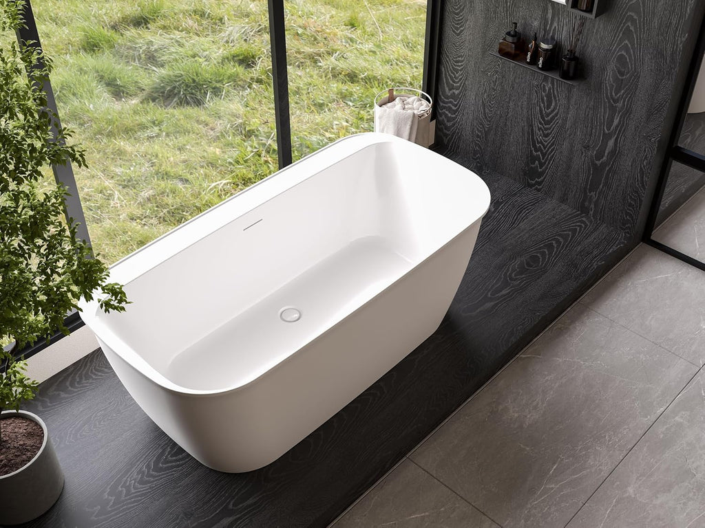 Carver Tubs - Zen 63' - Acrylic Freestanding Soaking Bathtub - Comes with Heated Jetted Air Massage - White Modern Rounded Rectangle Acrylic Fiberglass Tub With Chrome Drain - 63'L x 31.5'W x 24'H