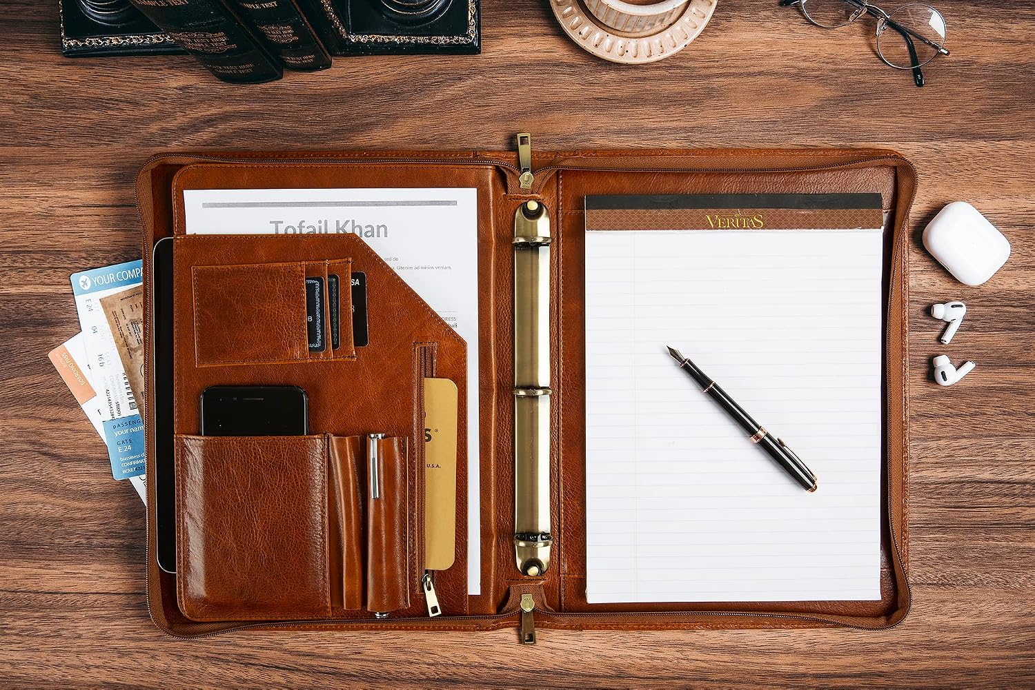 Genuine Leather Portfolio Binder, Oil Tanned Leather Binder 3 Ring, Personalized Portfolio Organizer for Men, Custom Padfolio Folder Women, Business Portfolio with Name/Logo Engraved (Brown, Custom)