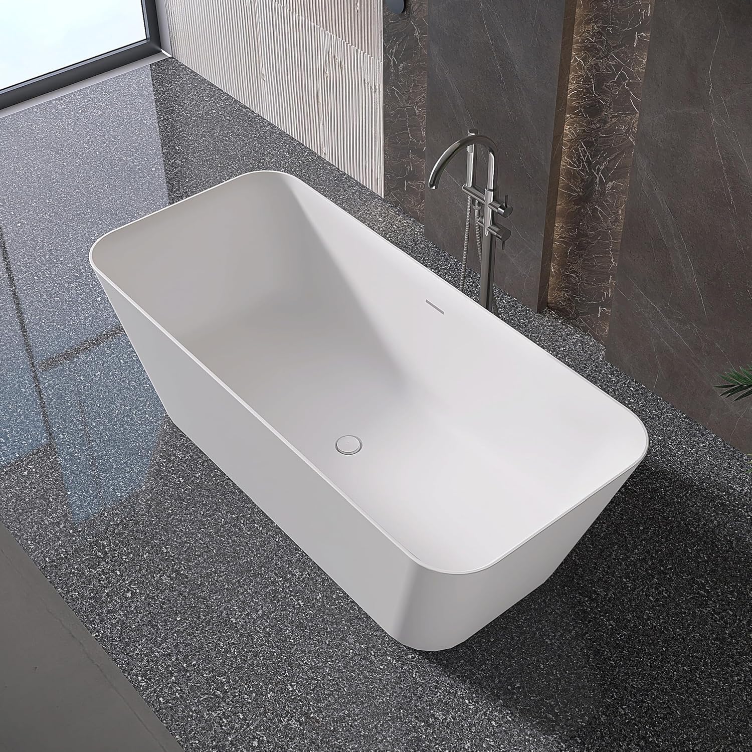 Stone Resin Freestanding Bathtub 67 ', Elegant Oval Shape Soaking Tub, Solid Surface Stand Alone Bathtub with Drain & Integrated Slotted Overflow Matte White AMFS340-1700