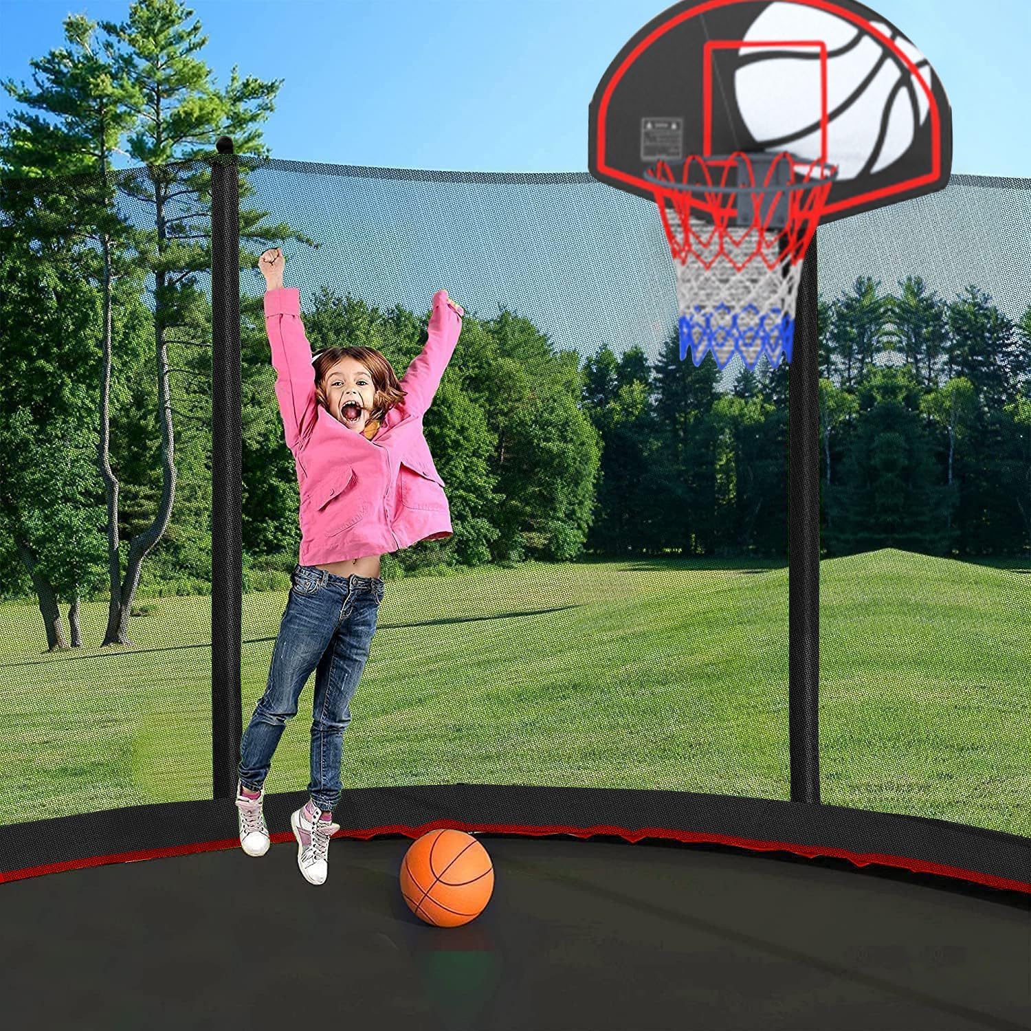 1500LBS 10FT 12FT 14FT 15FT 16FT Trampoline with LED Lights, Sprinkler, Music Speaker and Socks, ASTM Approved Outdoor Trampoline for Kids and Adults, Backyard Trampolines with Net Enclosure
