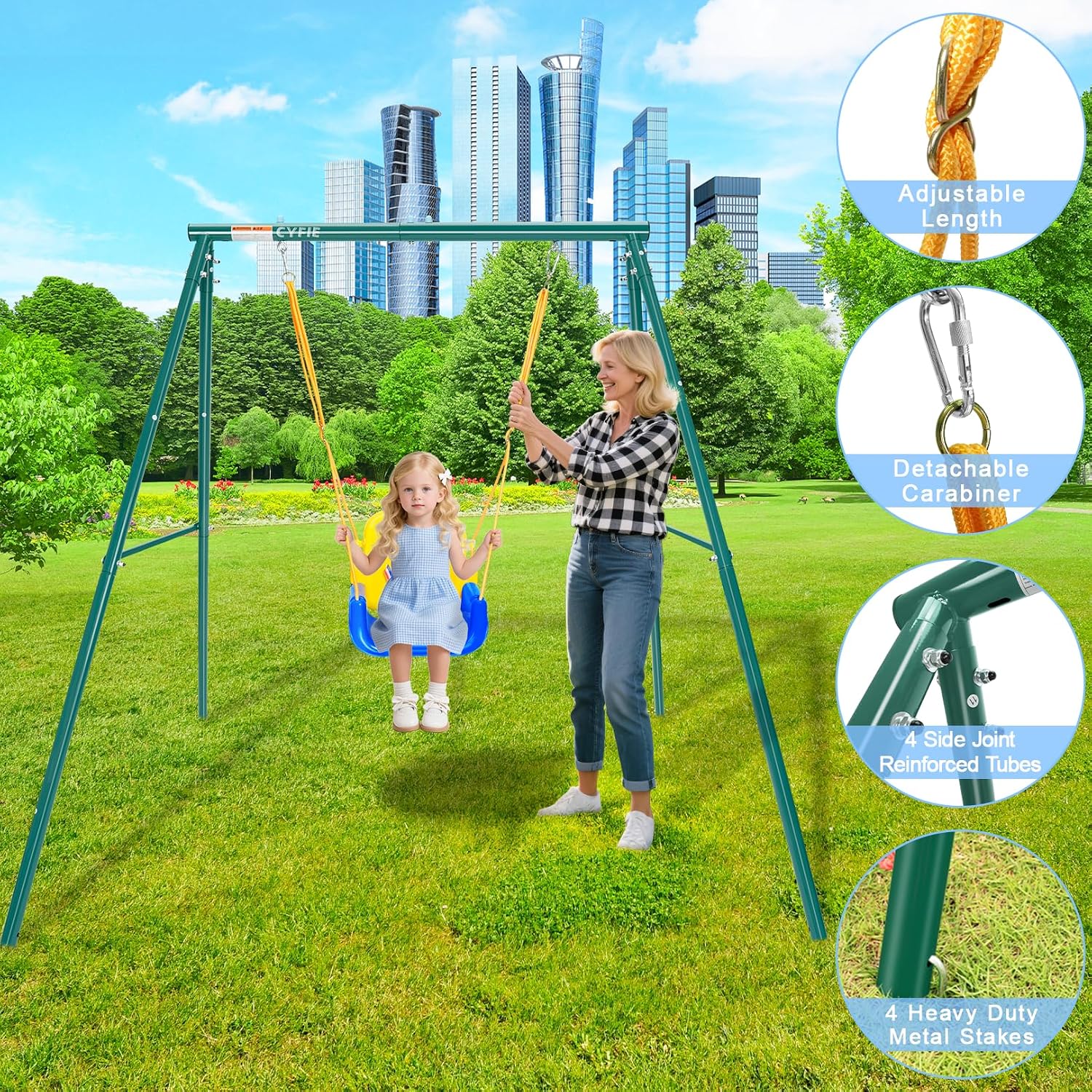 CYFIE Toddler Swing Set, 4-in-1 Kids Swing Sets for Backyard, Indoor/Outdoor Baby Swing with Heavy Duty Metal Stand, Suitable Gift for Aged 6 Months to 10 Years Old
