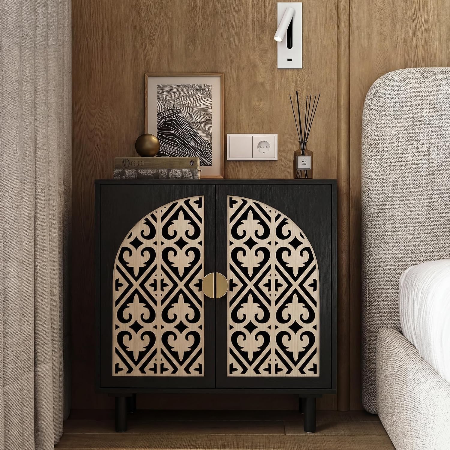 Decorative Storage Cabinet Sideboard with Hollow Carved Panels, 4 Doors Storage Sideboard Cabinet with Adjustable Shelves. [Black, 2pcs]