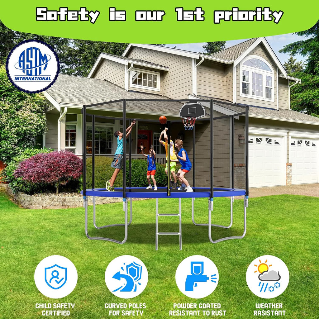 Tranpoline 10FT 12FT 14FT 16FT Tranpoline for Kids with Safety Enclosure Net Recreational Tranpoline for Adults ASTM Approval Backyard Outdoor Tranpoline with Basketball Hoop