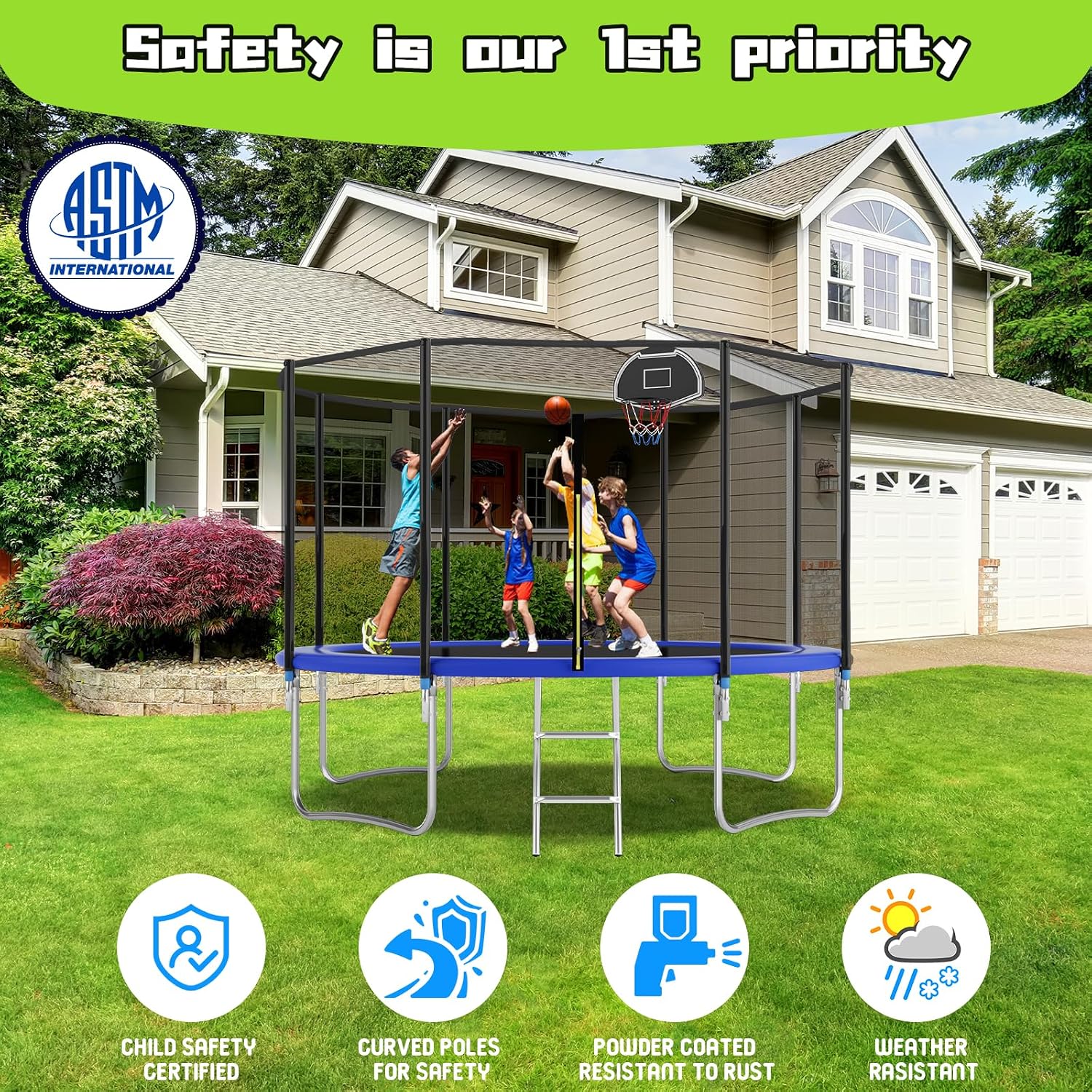 Tranpoline 10FT 12FT 14FT 16FT Tranpoline for Kids with Safety Enclosure Net Recreational Tranpoline for Adults ASTM Approval Backyard Outdoor Tranpoline with Basketball Hoop