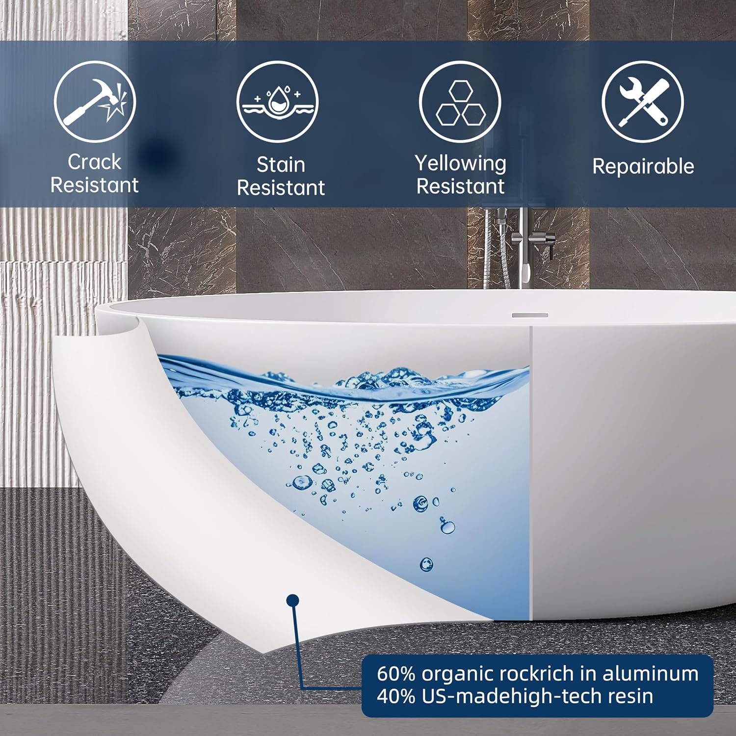 67'' Freestanding Soaking Bathtub Stone Resin Deep Bathtub Modern Bathtub Deep Soaking Bathtub with Overflow and Pop-up Drain…