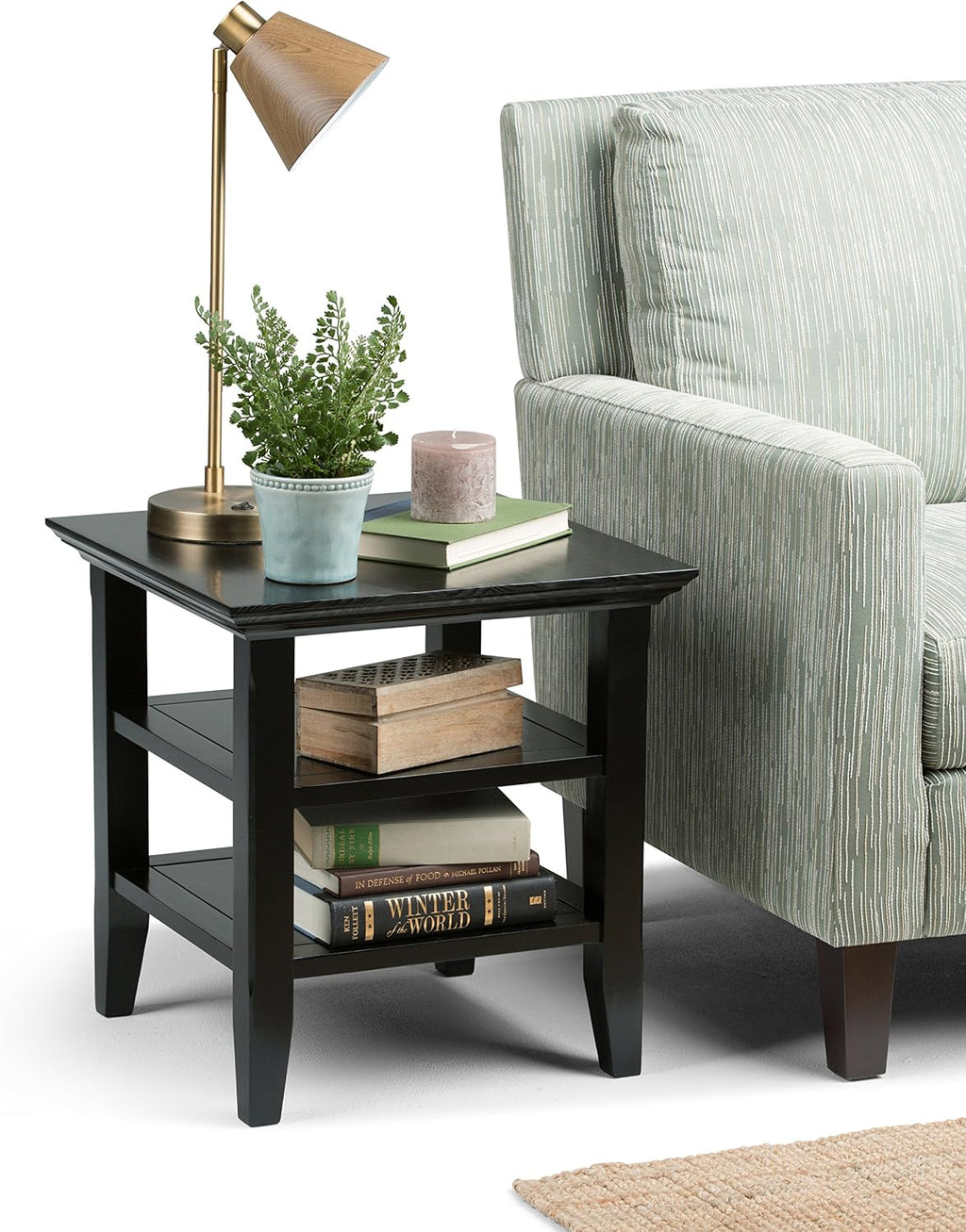 SIMPLIHOME Acadian End Table - 19 inch Wide Solid Wood Square Side Table with 2 Open Shelves in Black, Transitional Nightstand or Shelving Unit for Living Room or Bedroom with Storage