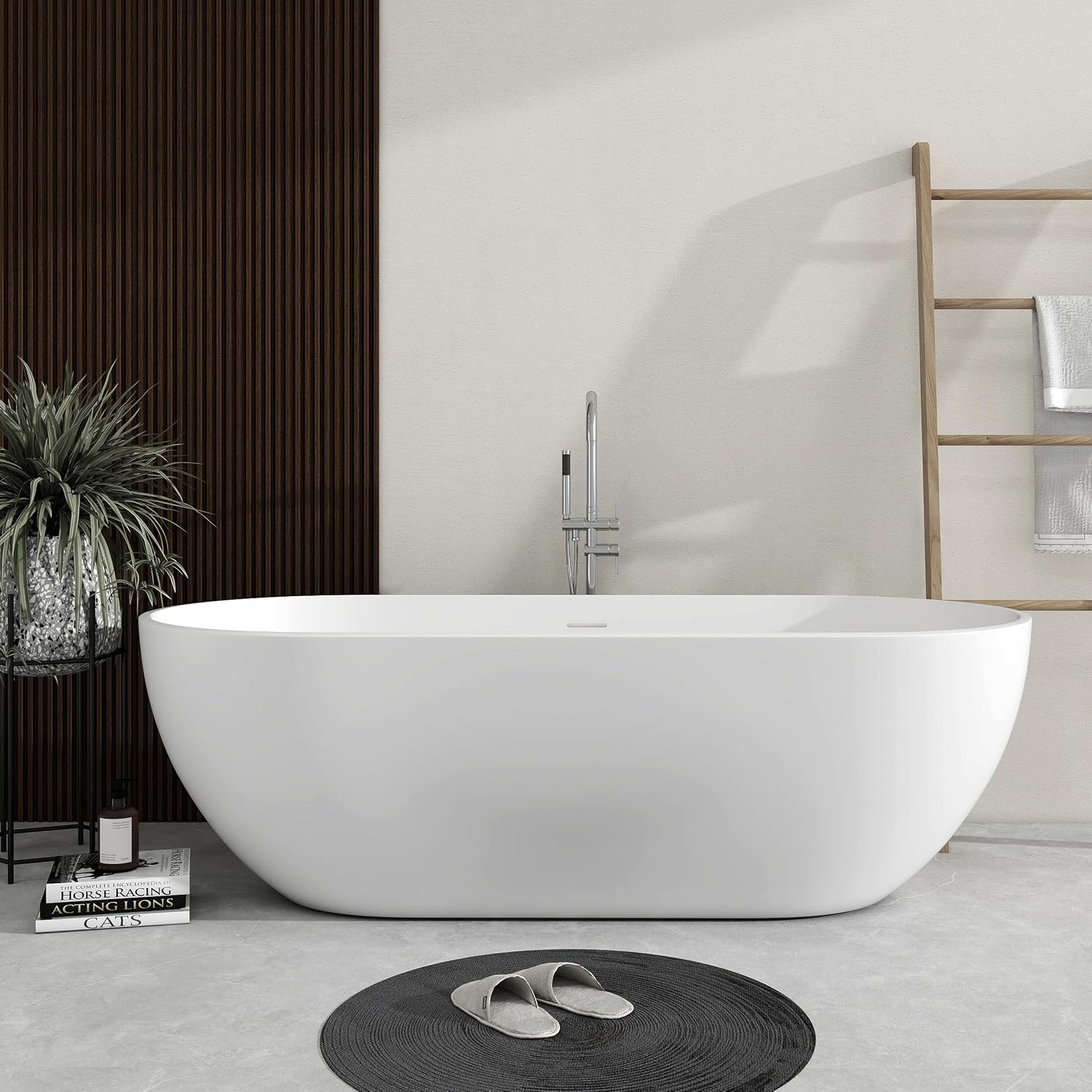 SJ STAR&JANE 69' Solid Surface Freestanding Bathtub, Matte White Oval Stone Resin Soaking Tub Stand Alone Tub with Overflow and Pop-up Drain for Modern Bathrooms