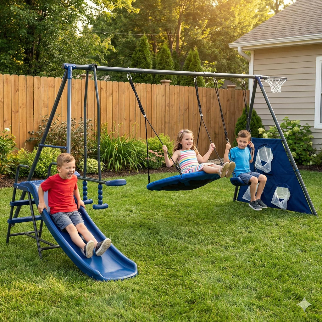 Metal 6 in 1 Swing Set for Kids, Basketball Hoop & Football net, Seesaw & 3.28ft Slide Durable Steel Frame – Outdoor Backyard Playset, Swing Sets for Backyard - Playground (Blue)