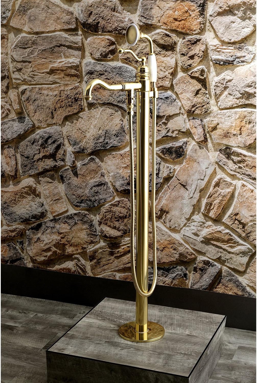 Kingston Brass KS7132ABL English Country Freestanding Tub Faucet with Hand Shower, Polished Brass