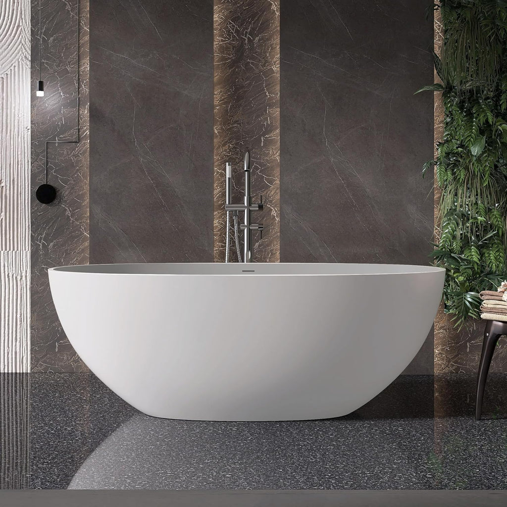 61'' Resin Stone Freestanding Bathtub, Oval Soaking Freestanding Bathtubs with Solid Surface, Soaking Tub with Overflow and Pop up Drain - Light Grey