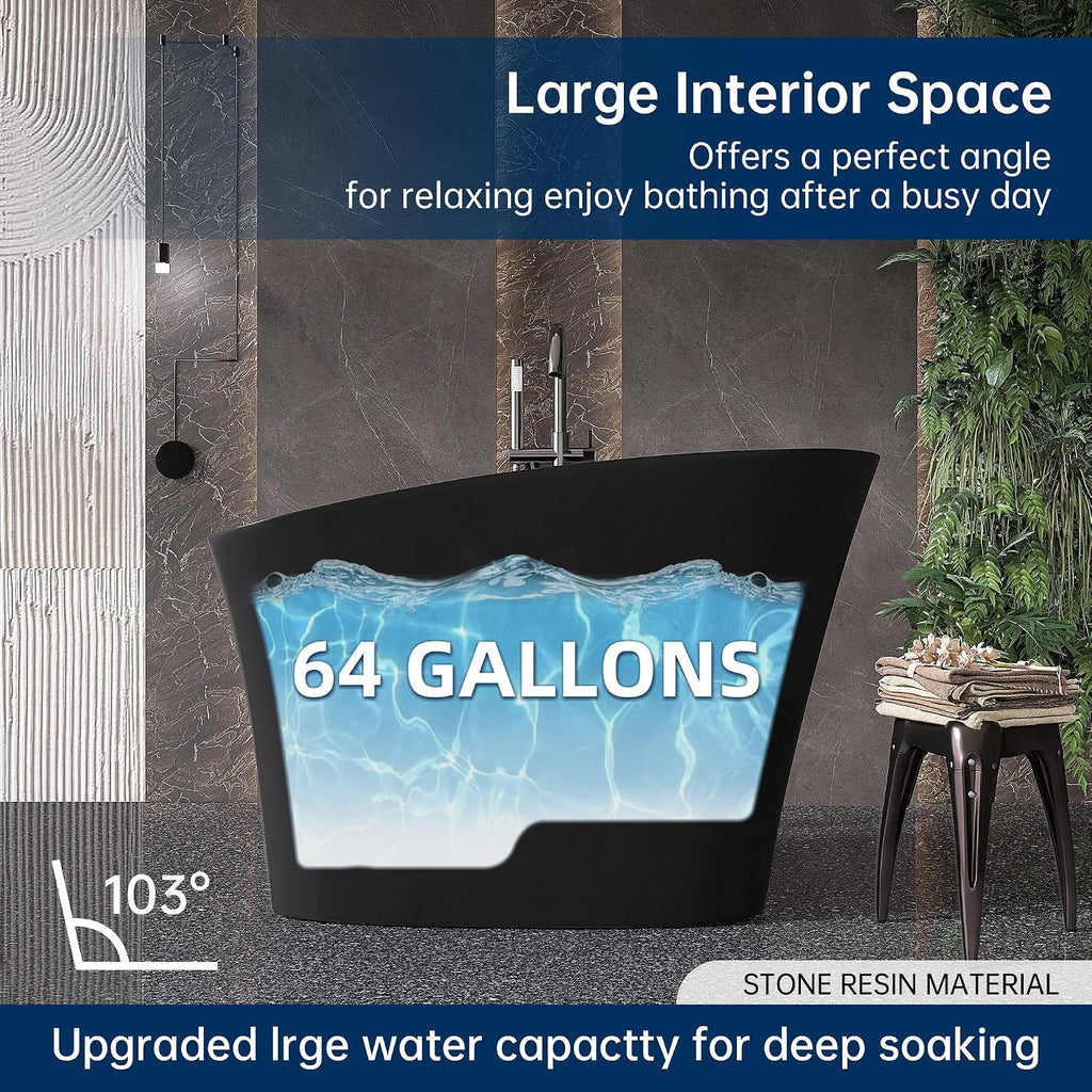 51'' Japanese Soaking Tub Freestanding Bathtub Resin Stone Bathtubs Deep soaking Tub with Overflow and Pop-up Drain - black