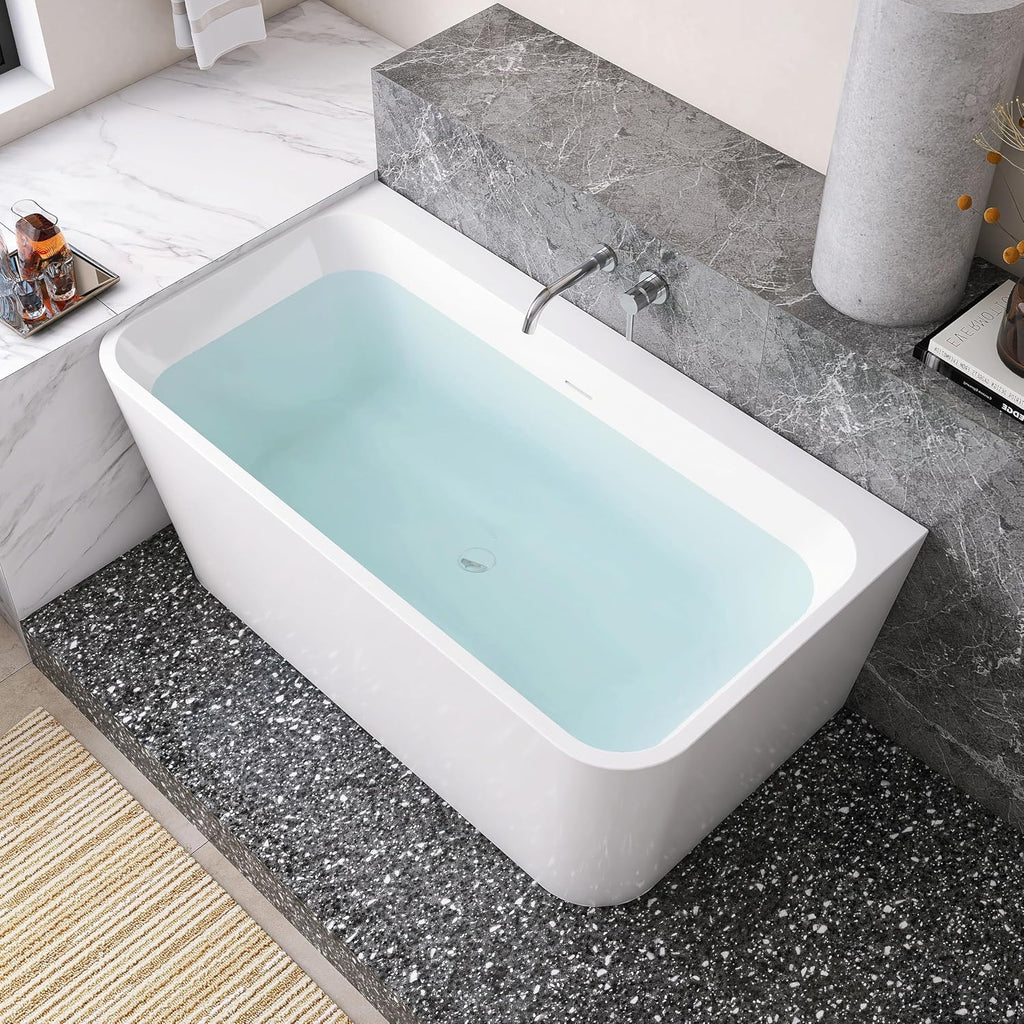55' Acrylic Back-to-Wall Bathtub,Freestanding Bathtubs, Stand Alone Tub, Soaking Tubs for Bathroom, Integrated Overflow and Drain, cUPC Certified, Gloss White