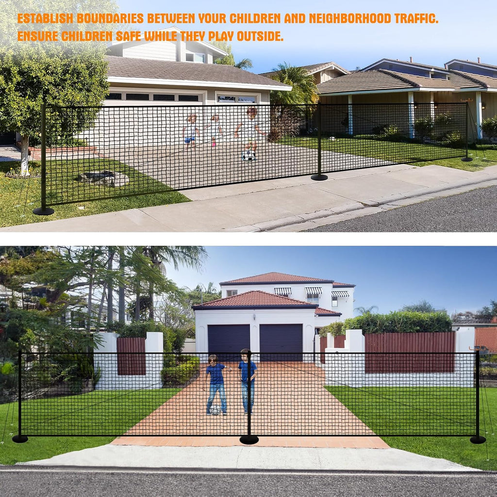 30FT x 5FT Driveway Safety Net Fence, Outdoor Yard Play Area Safety Barrier for Kids| Heavy Duty Steel Poles & Net, Not Fall Down Easily | Guard Net Length Adjustable, Easy to Recycle and Install