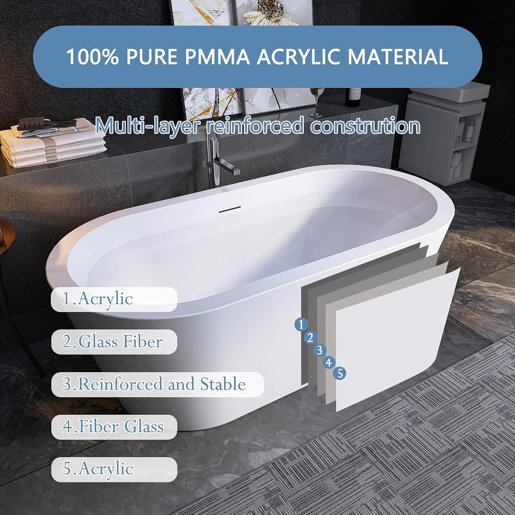 64' Free Standing Tub, Pure Acrylic Freestanding Bathtub, Stylish Stand Alone Contemporary Deep Soaking Bath Tub, cUPC Certified SY1265 (Glossy White)