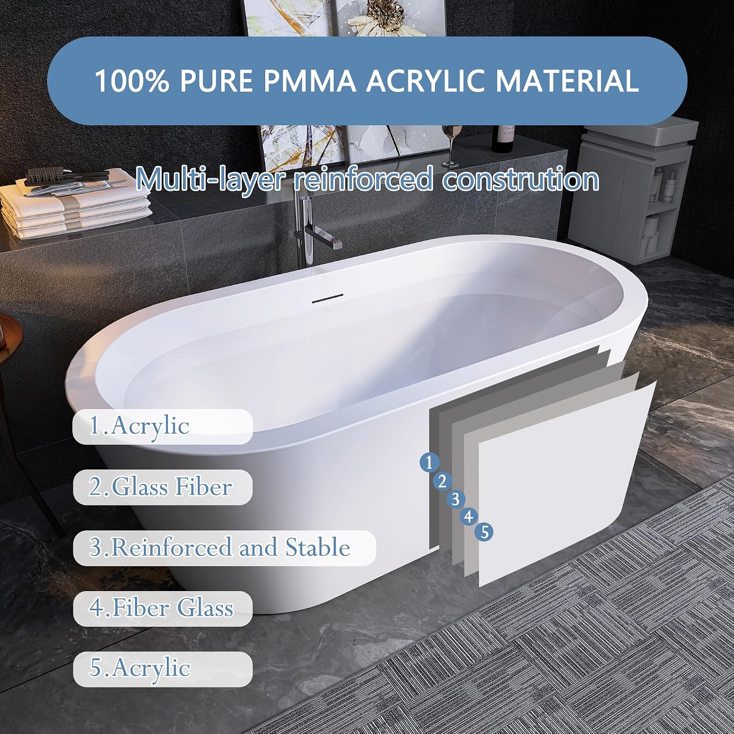 64' Free Standing Tub, Pure Acrylic Freestanding Bathtub, Stylish Stand Alone Contemporary Deep Soaking Bath Tub, cUPC Certified SY1265 (Glossy White)