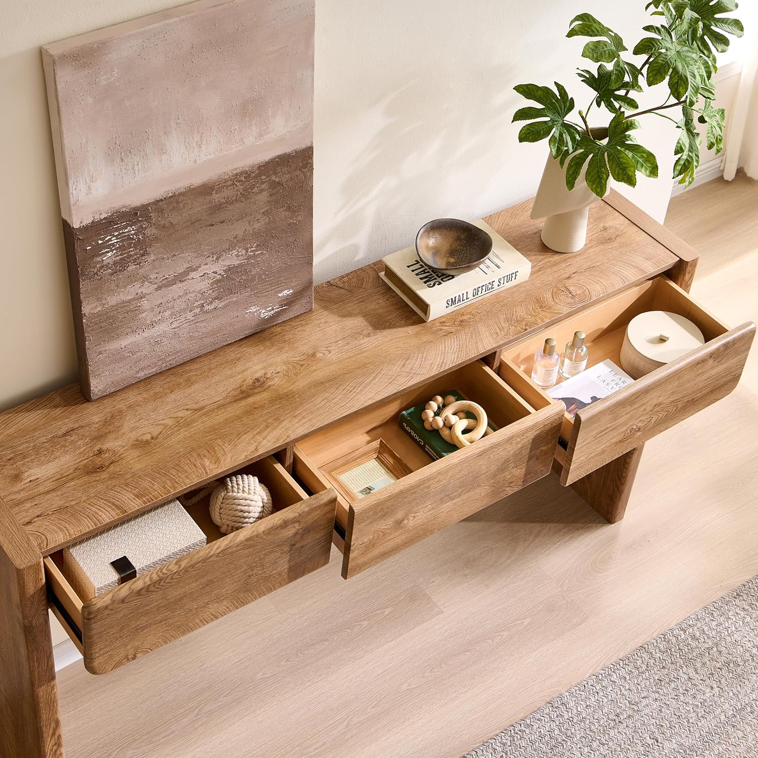 OKD 63'' Console Table with 3 Drawers, Farmhouse Entryway Table with Rounded Corners, Console Table Behind Couch for Living Room/Hallway-Light Knotty Oak