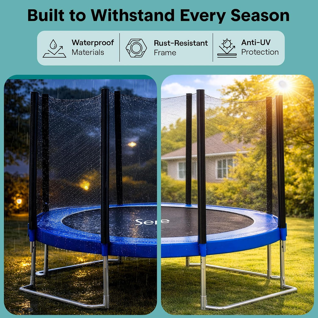SereneLife Trampoline Outdoor 8FT 10FT 12FT 14FT with Enclosure Net, Ladder and Anti-Rust Coating - ASTM Approved Recreational Trampolines - Heavy Duty Yard Trampolines for Kids and Adults