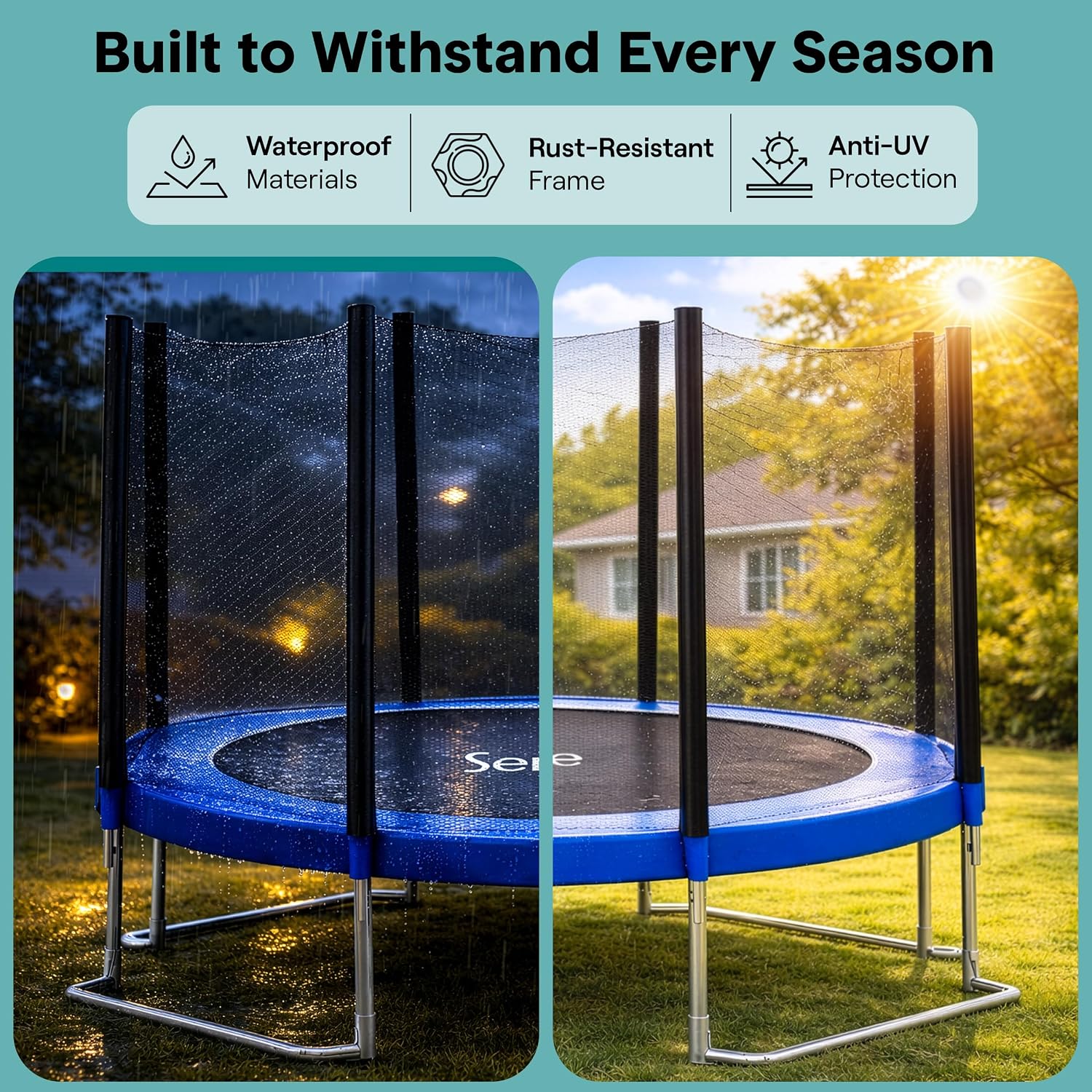 SereneLife Trampoline Outdoor 8FT 10FT 12FT 14FT with Enclosure Net, Ladder and Anti-Rust Coating - ASTM Approved Recreational Trampolines - Heavy Duty Yard Trampolines for Kids and Adults