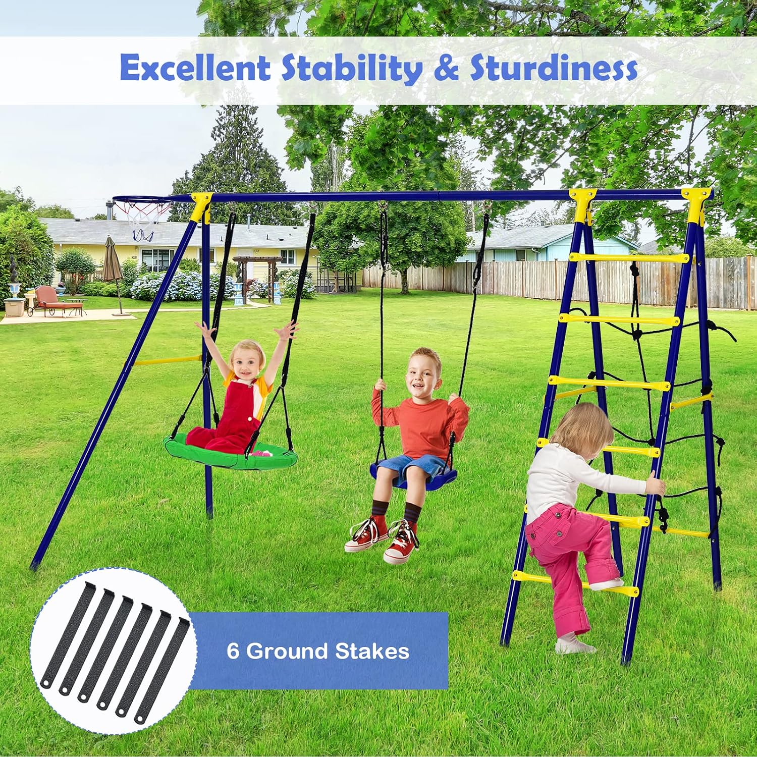 GLACER Swing Sets for Backyard, 550Lbs All-in-1 Large Kids Playground w/Ground Stake, Basketball Hoop & Saucer Swing, Climbing Ladder & Net, A-Shape Metal Heavy-Duty Outdoor Playgset, Boys & Girls