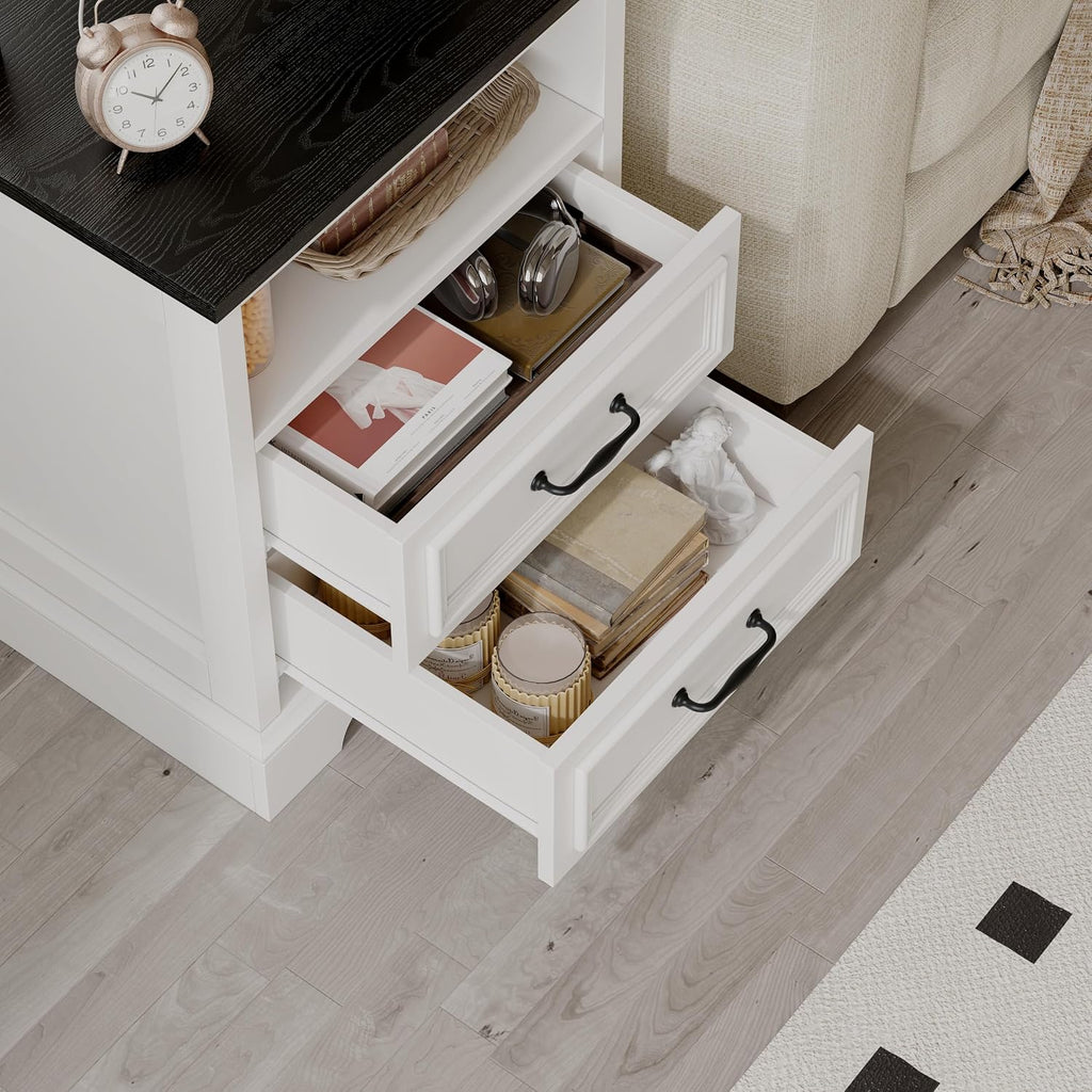 Whalefall Farmhouse 2 Drawers Dresser with Charging Station, White Nightstand Bedside for Bedroom, Wood Small End Table for Living Room Dresser Chest of Drawers for Hallway Closet Dorm (1, White)